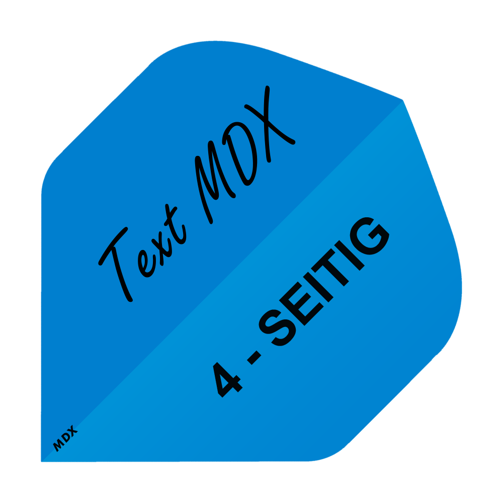 MD-406_4S_4-Seitig_Bedruckte_Flights_Wunschtext_MDX_Blau_Standard_1 Das Bild zeigt ein blaues Quadrat mit dem Text "Text MDX" und "4-SEITIG" darauf. In der Ecke steht zusätzlich klein "MDX".