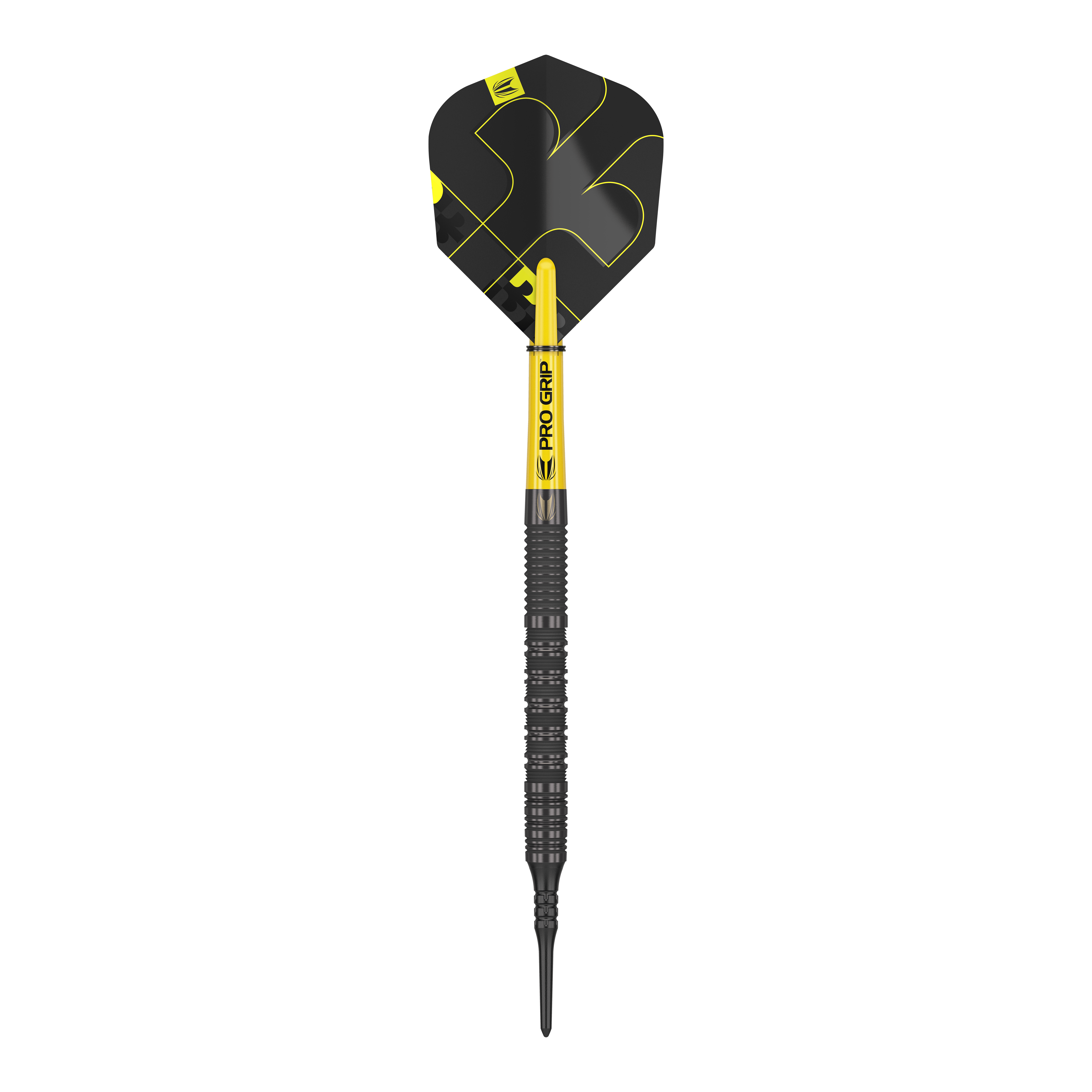 Target Bolide Void 10 freccette morbide Das Bild zeigt einen Target Bolide Void 10 Softdartpfeil. Der Pfeil ist schwarz mit gelben Akzenten und hat einen Pro Grip Schaft.