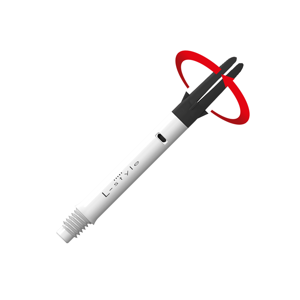 Dies ist ein weißer Carbon-Schaft für Dartpfeile der Marke L-Style. Der obere schwarze Teil kann sich drehen, wie durch den roten Pfeil angezeigt.