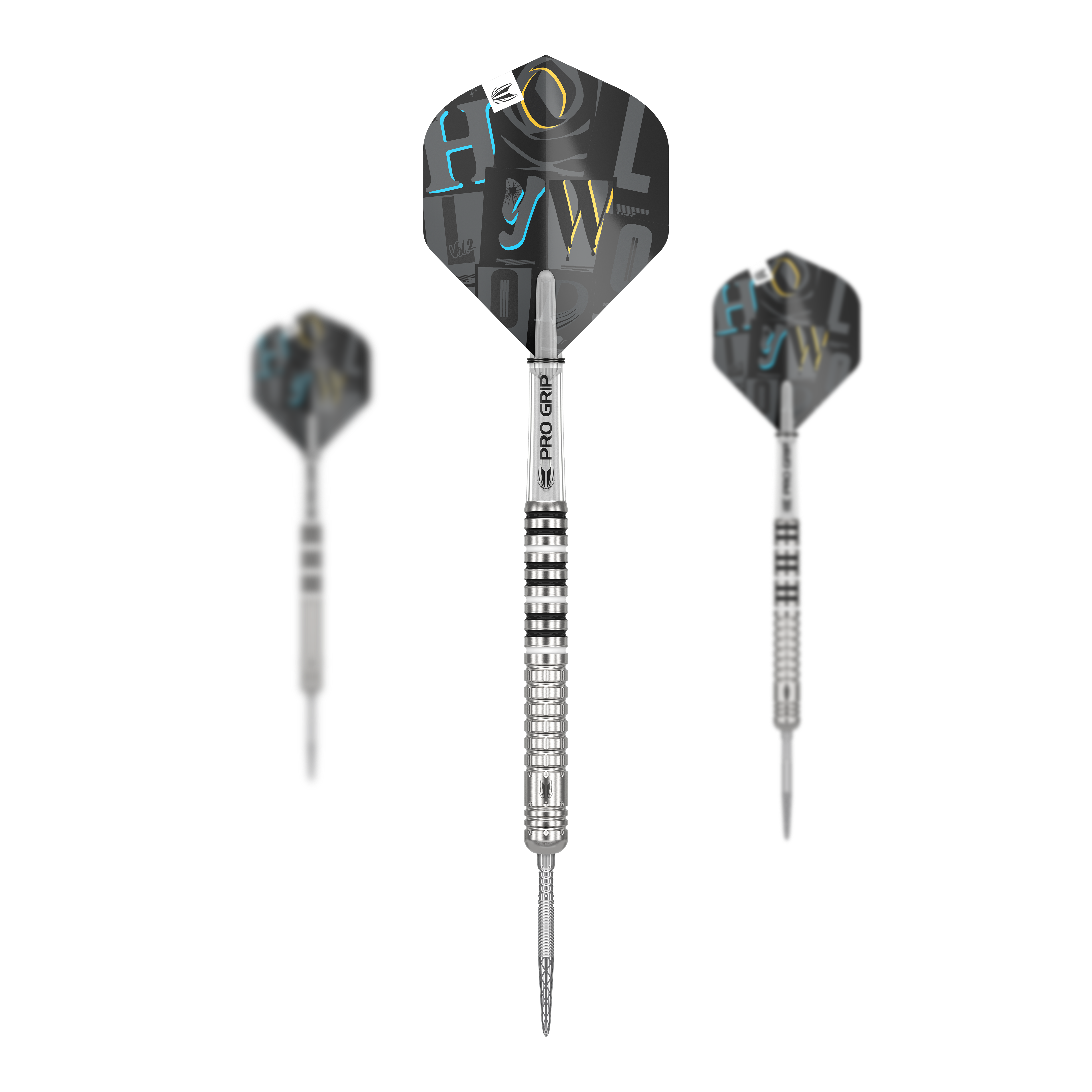 Freccette in acciaio Chris Dobey GEN1 Swiss Point Das Bild zeigt drei Steeldarts des Modells "Target Chris Dobey GEN1 Swiss Point". Die Darts haben silberne, gerillte Barrels und schwarze Flights mit bunten Buchstaben.