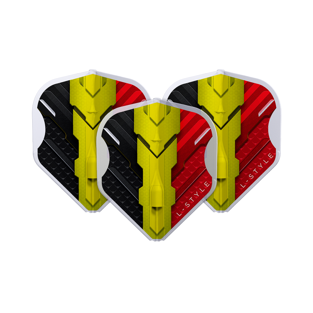 Alette L-Style V-Series V1 Tipo C Belgio Bianco Trasparente L1EZ Das Bild zeigt drei Dart-Flights des Modells "L-Style V-Series V1 Type C Belgium Clear White L1EZ Flights". Die Flights sind in den Farben Schwarz, Gelb und Rot gestaltet und zeigen ein modernes Design.