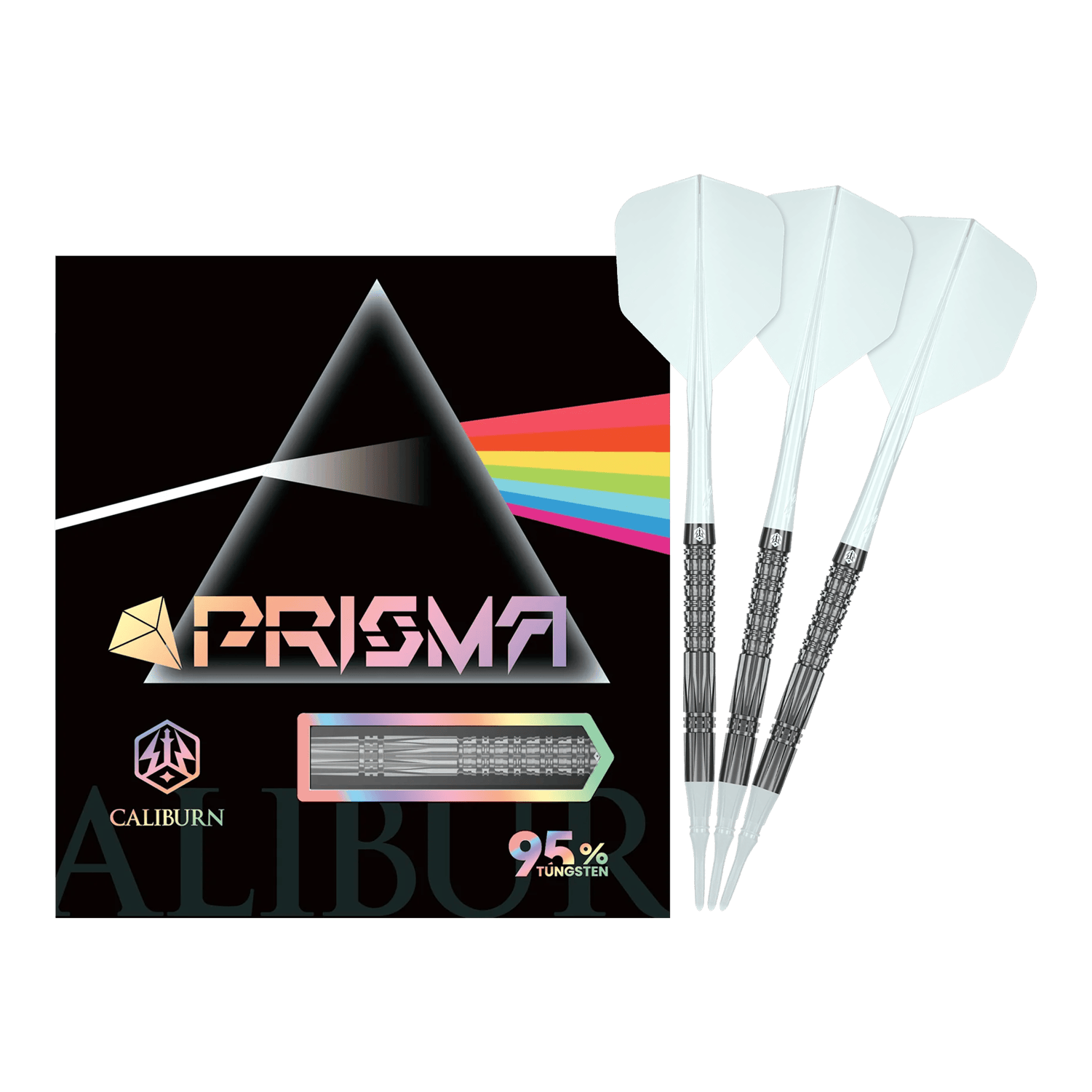 Freccette morbide Caliburn Prisma P2 - 20 g Hier sieht man die Caliburn Prisma P2 Softdarts mit einem Gewicht von 20g. Sie sind ideal für alle, die Wert auf hochwertige Darts legen.