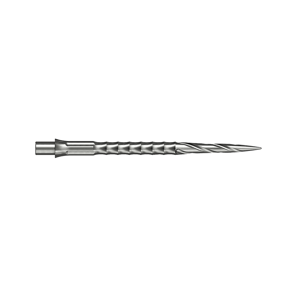 Punte per freccette in acciaio Caliburn System - Spiro - NoLip - argento Zwei silberne Steeldartspitzen im Spiro NoLip Design sind zu sehen. Sie sind 36 mm lang und liegen nebeneinander.