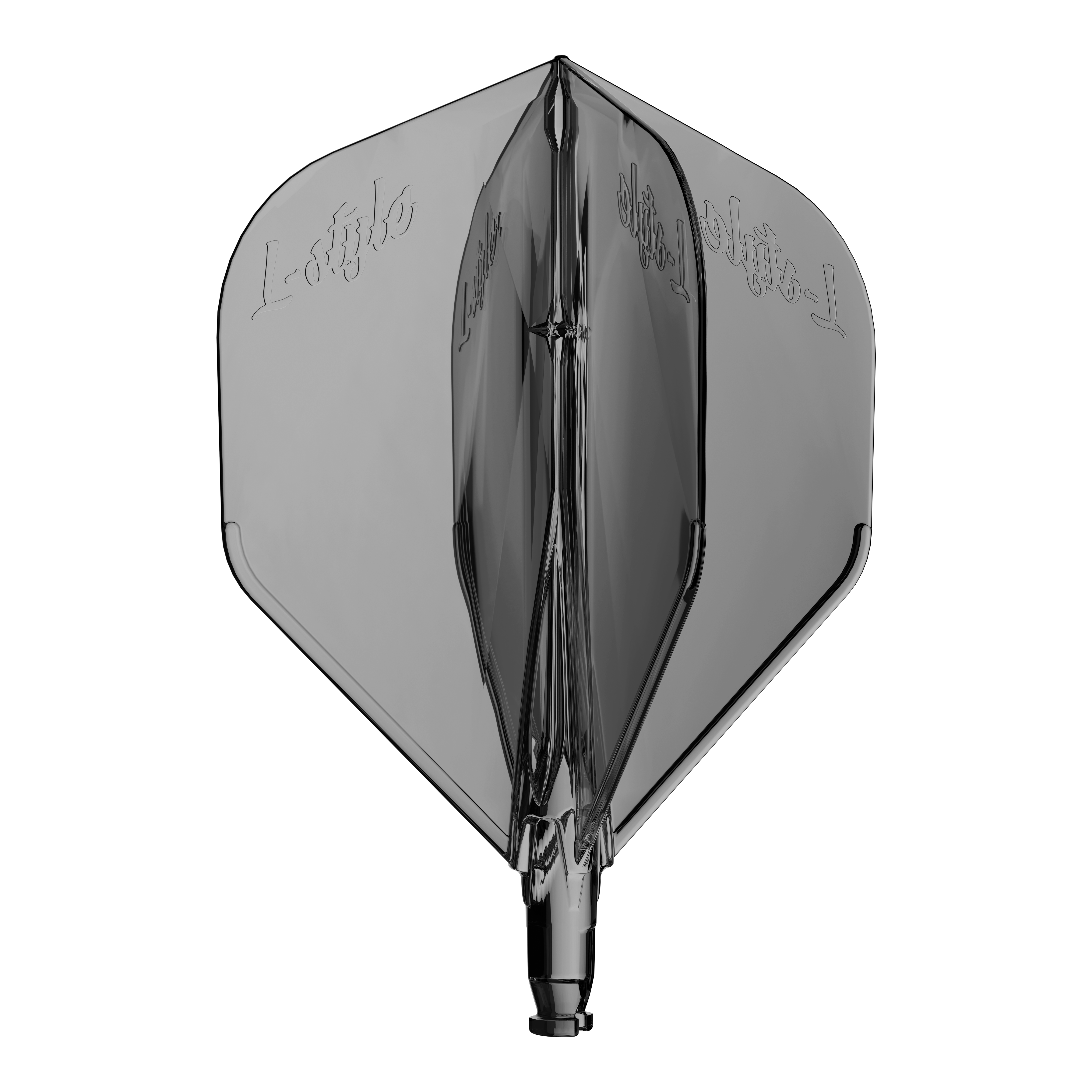 Volo di ricambio L-Style L-System L1 Abgebildet ist ein durchsichtiger Ersatzflight für Dartpfeile in Schwarz. Die Oberfläche ist glänzend.