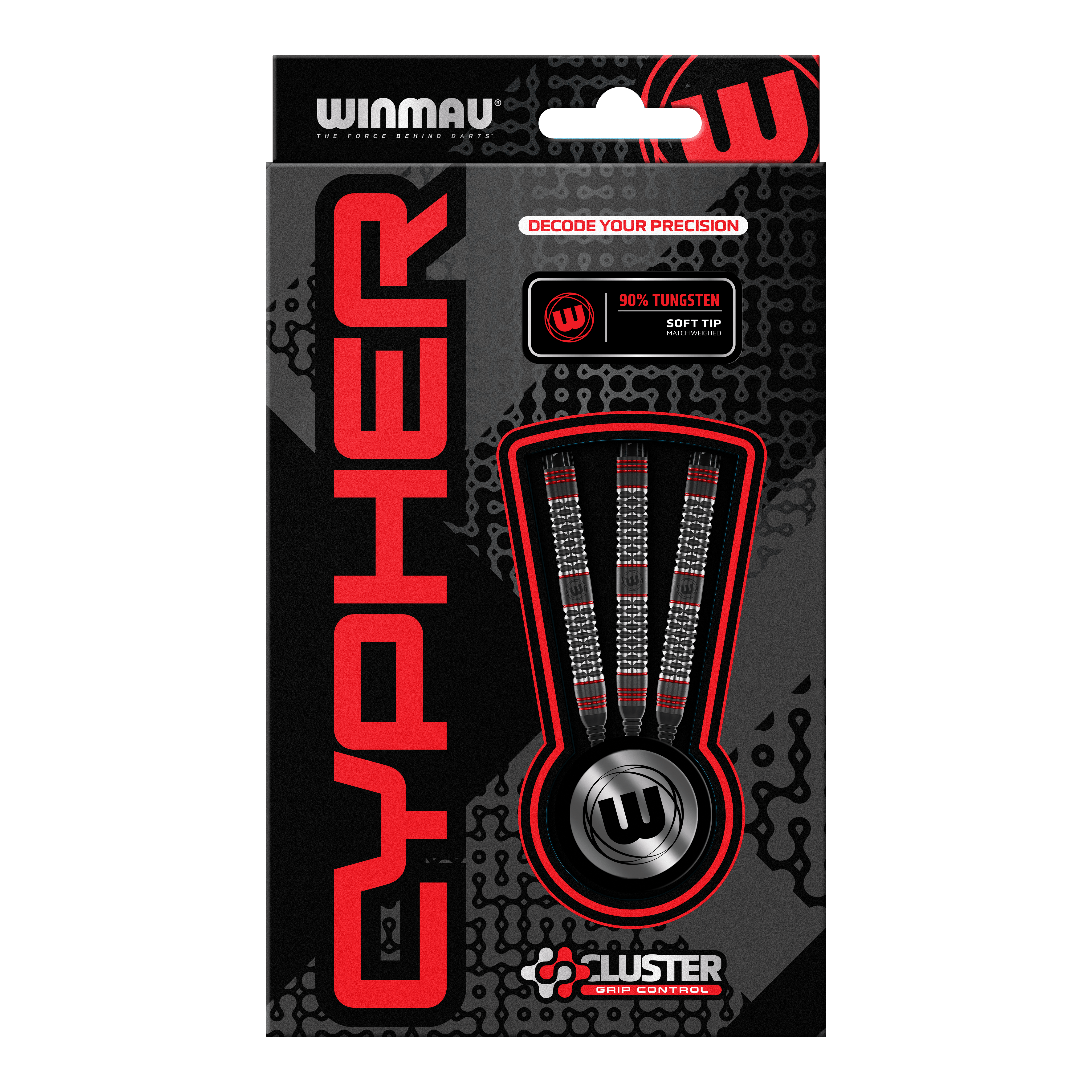 Freccette morbide Winmau Cypher - 20 g Die Abbildung zeigt die Verpackung der Winmau Cypher Softdarts mit 20 Gramm Gewicht. Die Darts bestehen zu 90% aus Wolfram und verfügen über spezielle Griffkontrolle.