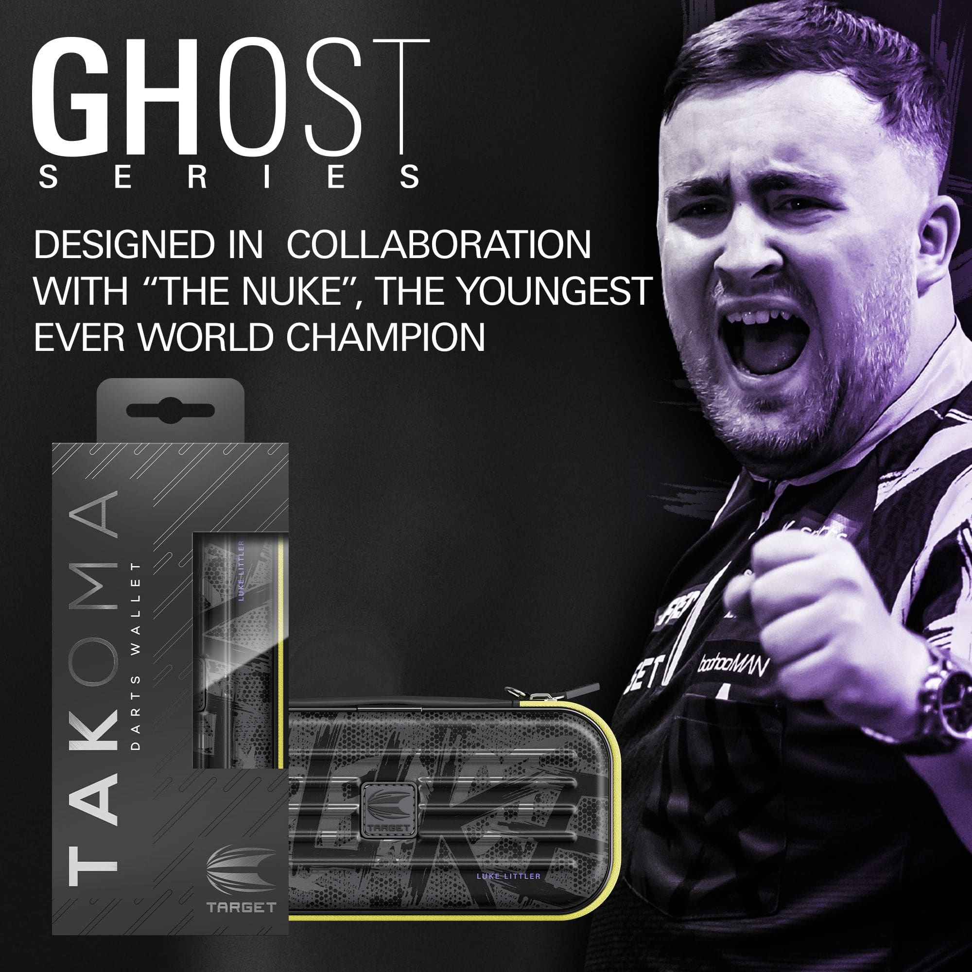 Custodia per freccette Luke Littler della serie Ghost di Takoma Das Bild zeigt das Takoma Ghost Series Luke Littler Dartcase. Dies ist ein spezielles Dartcase für Luke Littler Fans.