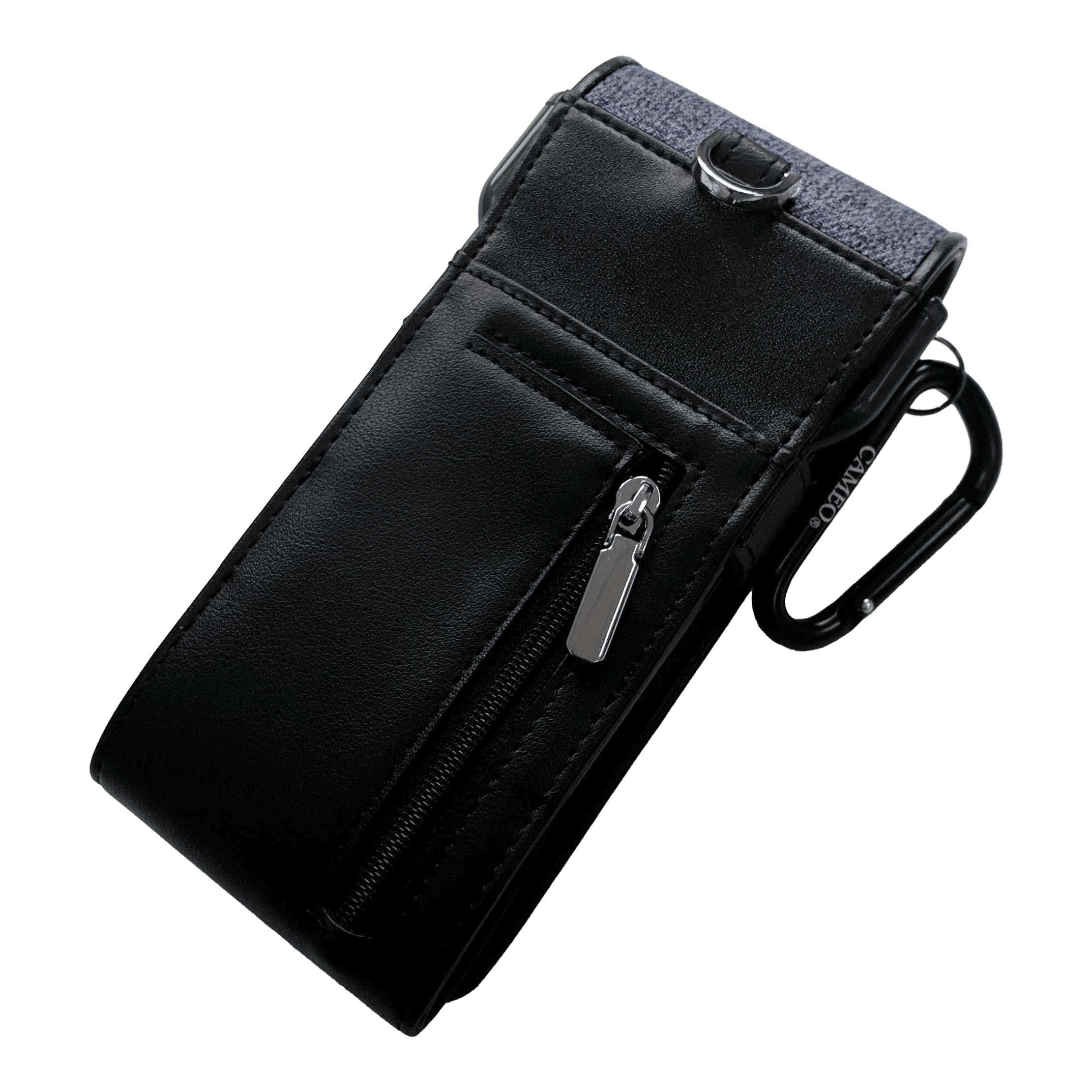 Custodia per freccette Cameo Thread Dies ist ein schwarzes Etui mit einem Reißverschlussfach auf der Vorderseite. Oben hat es einen blauen Stoffabschnitt und einen Metallclip zur Befestigung.