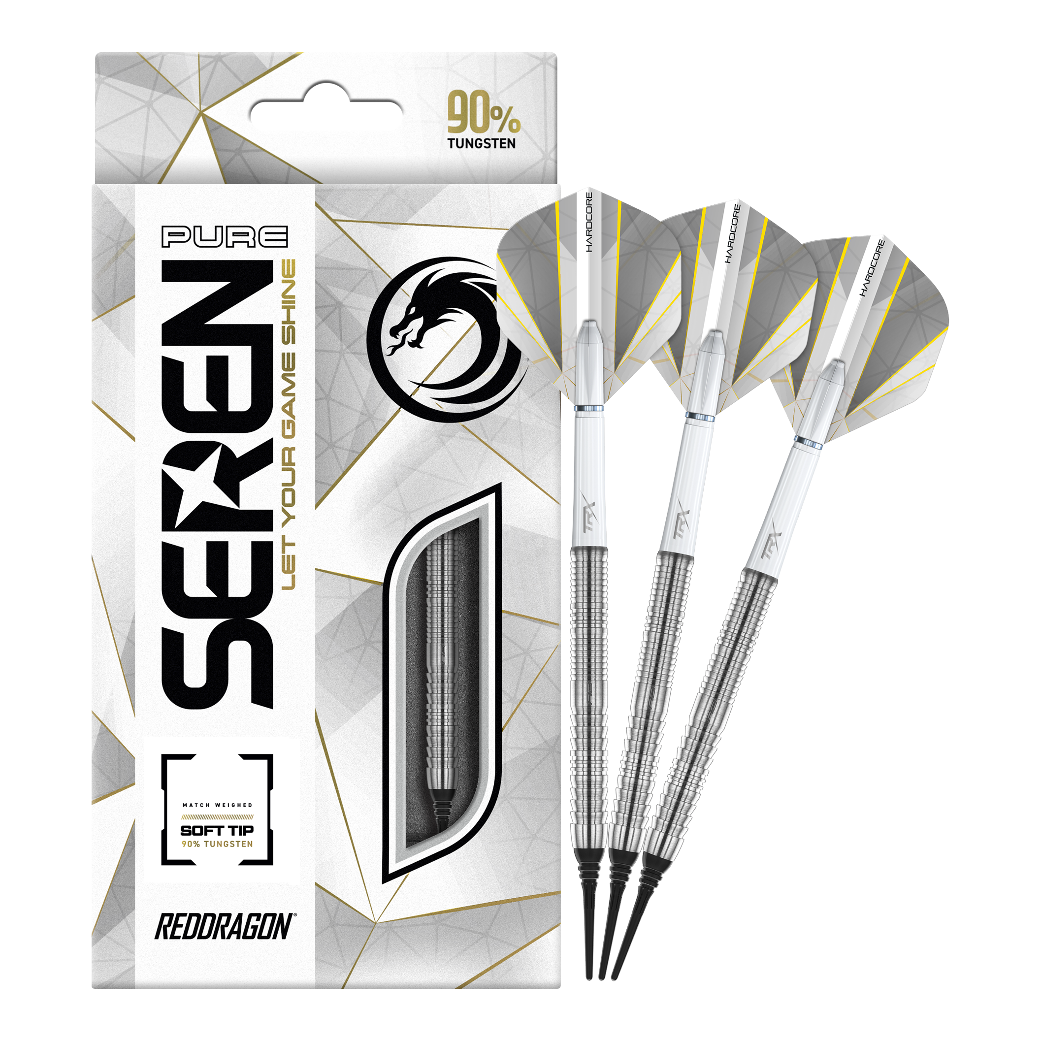 Red Dragon Seren 1 Freccette morbide pure - 20 g Die Abbildung zeigt die "Red Dragon Seren 1 Pure Softdarts - 20g" mit drei silbernen Softdarts. Die Verpackung hebt hervor, dass die Darts zu 90 % aus Tungsten bestehen.