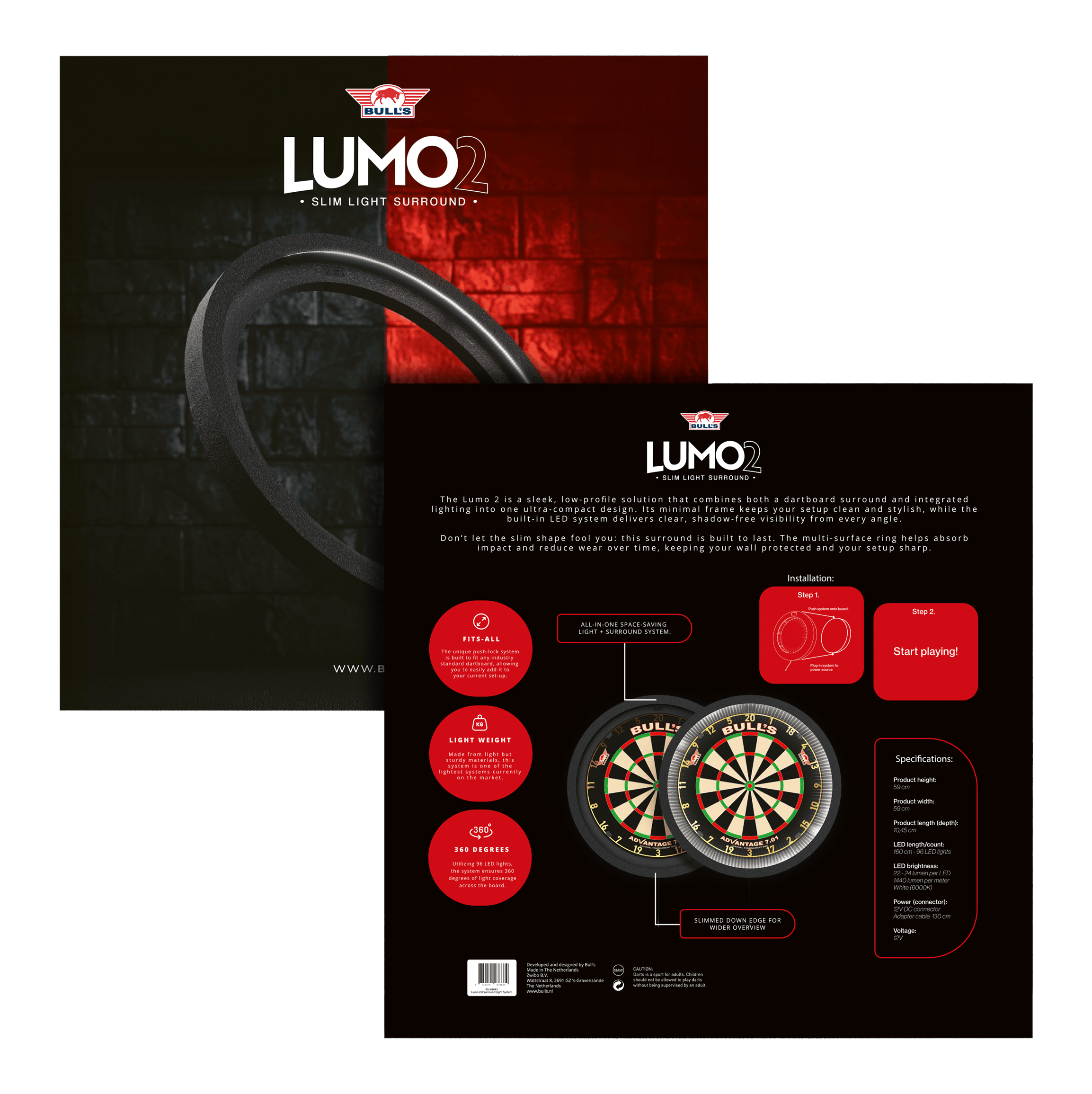 Das Bild zeigt das Produkt "Bulls NL Lumo 2 Light Surround Beleuchtungssystem" für Dartscheiben. Es kombiniert ein schlankes, rundes LED-Lichtsystem mit einem schützenden Surround für bessere Sicht und Schutz beim Dartspielen.