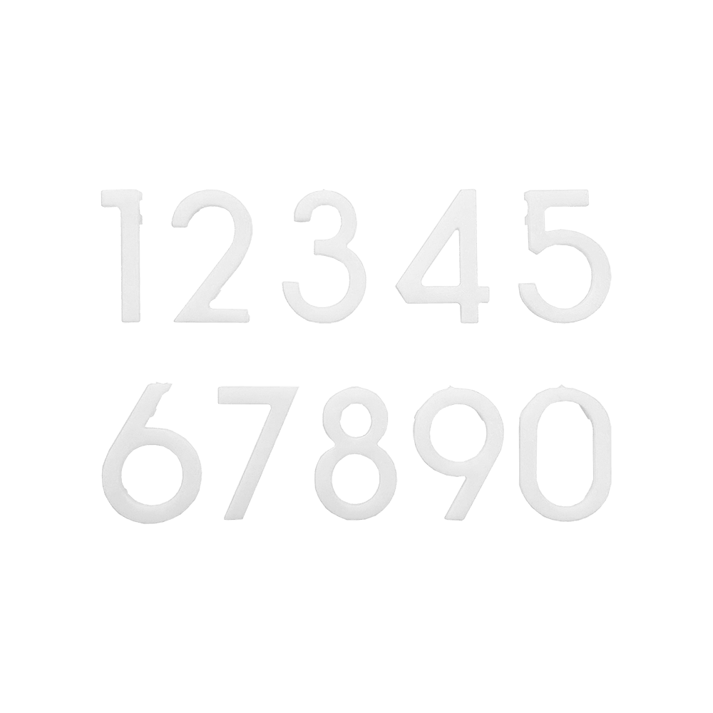 Numeri di ricambio per il bersaglio McDart Das Bild zeigt weiße Ersatznummern von 0 bis 9 für eine Dartscheibe. Die Zahlen sind nebeneinander in zwei Reihen angeordnet.