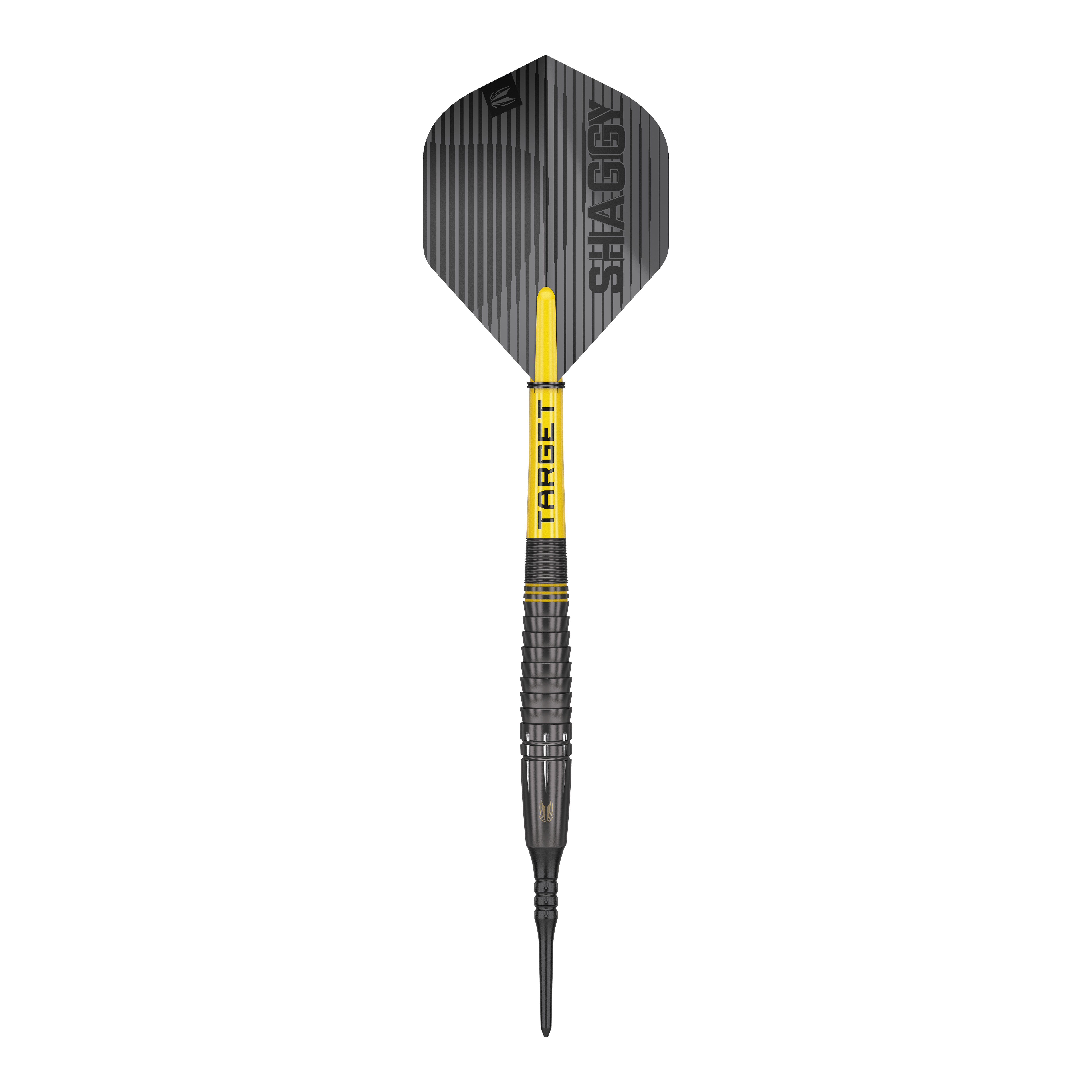 Freccette Target Scott Williams Shaggy Black Soft - 20 g Dies ist ein Softdart namens "Target Scott Williams Shaggy Black Softdarts - 20g". Der Dart ist überwiegend schwarz mit gelben Akzenten und hat den Schriftzug "SHAGGY" auf der Flight.