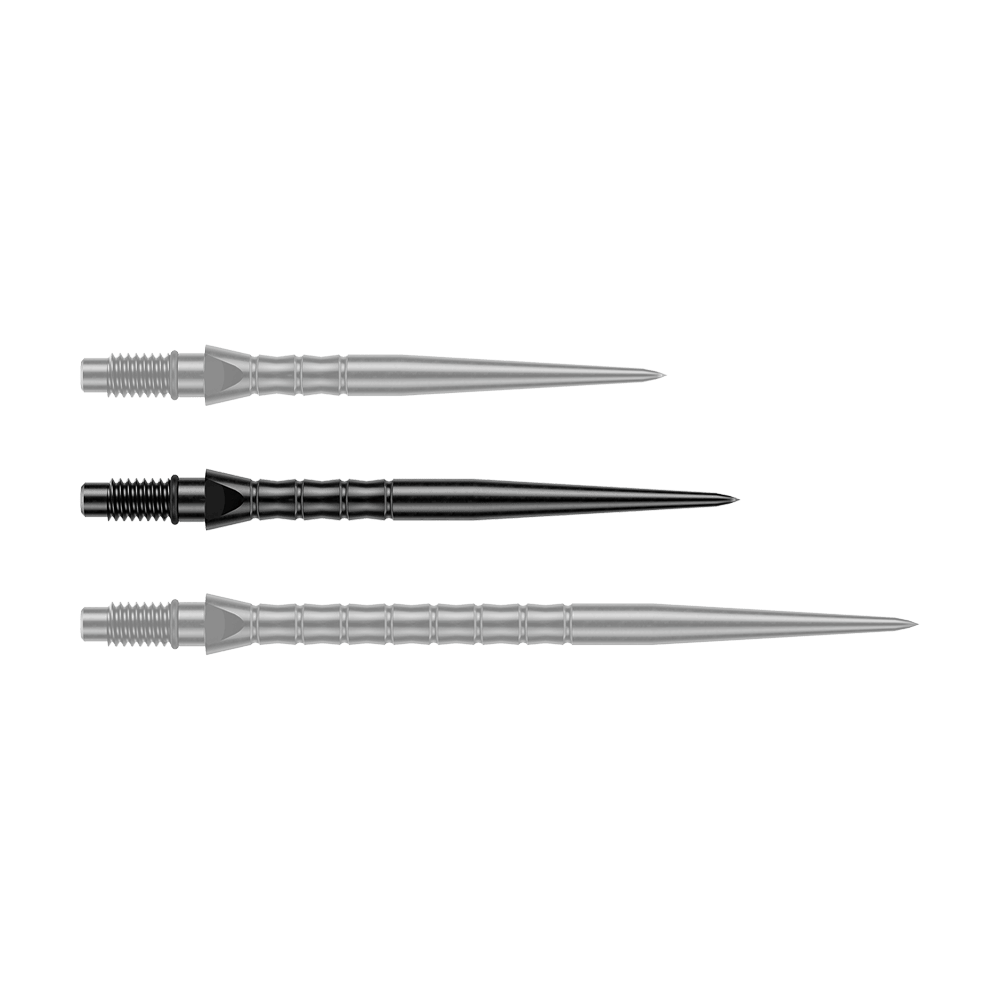 Dieses Bild zeigt Steeldartspitzen mit Wave-Struktur in Schwarz. Die Spitzen sind vermutlich 30 mm lang.