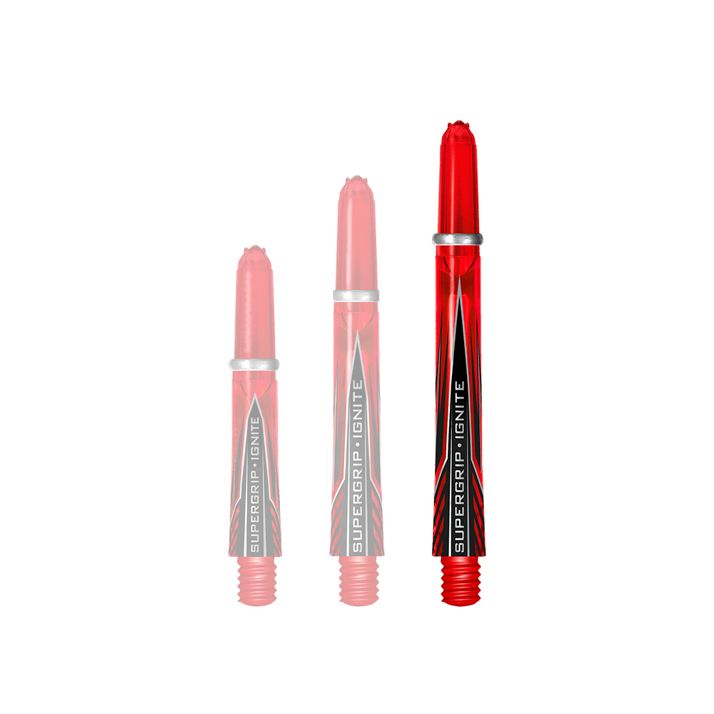 HR385_Harrows_Supergrip_Ignite_Shafts_Rot_47mm_1 Das Bild zeigt drei rote Harrows Supergrip Ignite Shafts in unterschiedlichen Längen. Sie haben silberne Ringe und ein schwarzes Design mit der Aufschrift "SUPERGRIP IGNITE".