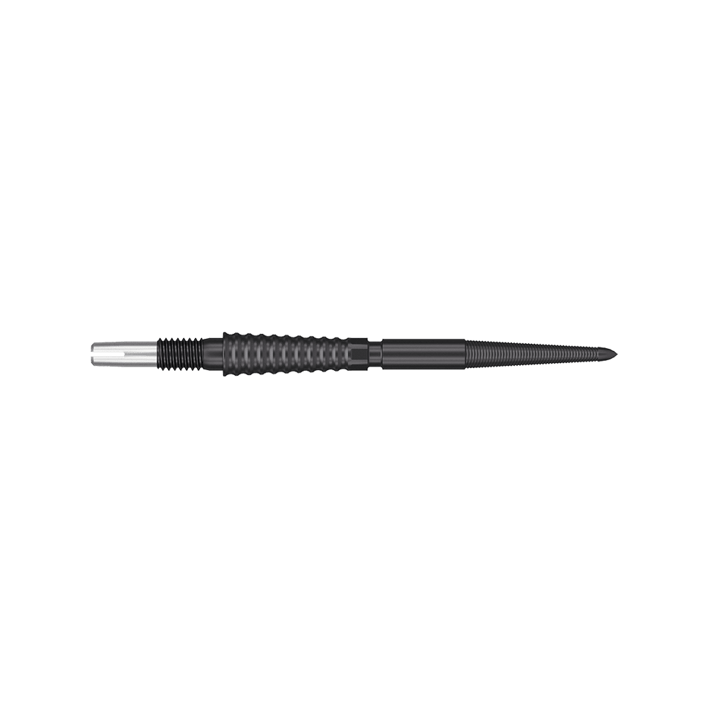 Punte per freccette Target Swiss Storm LNC - Nere Das Bild zeigt eine schwarze Dartspitze mit einer geriffelten Oberfläche. Sie ist schlank und etwa 30 mm lang.