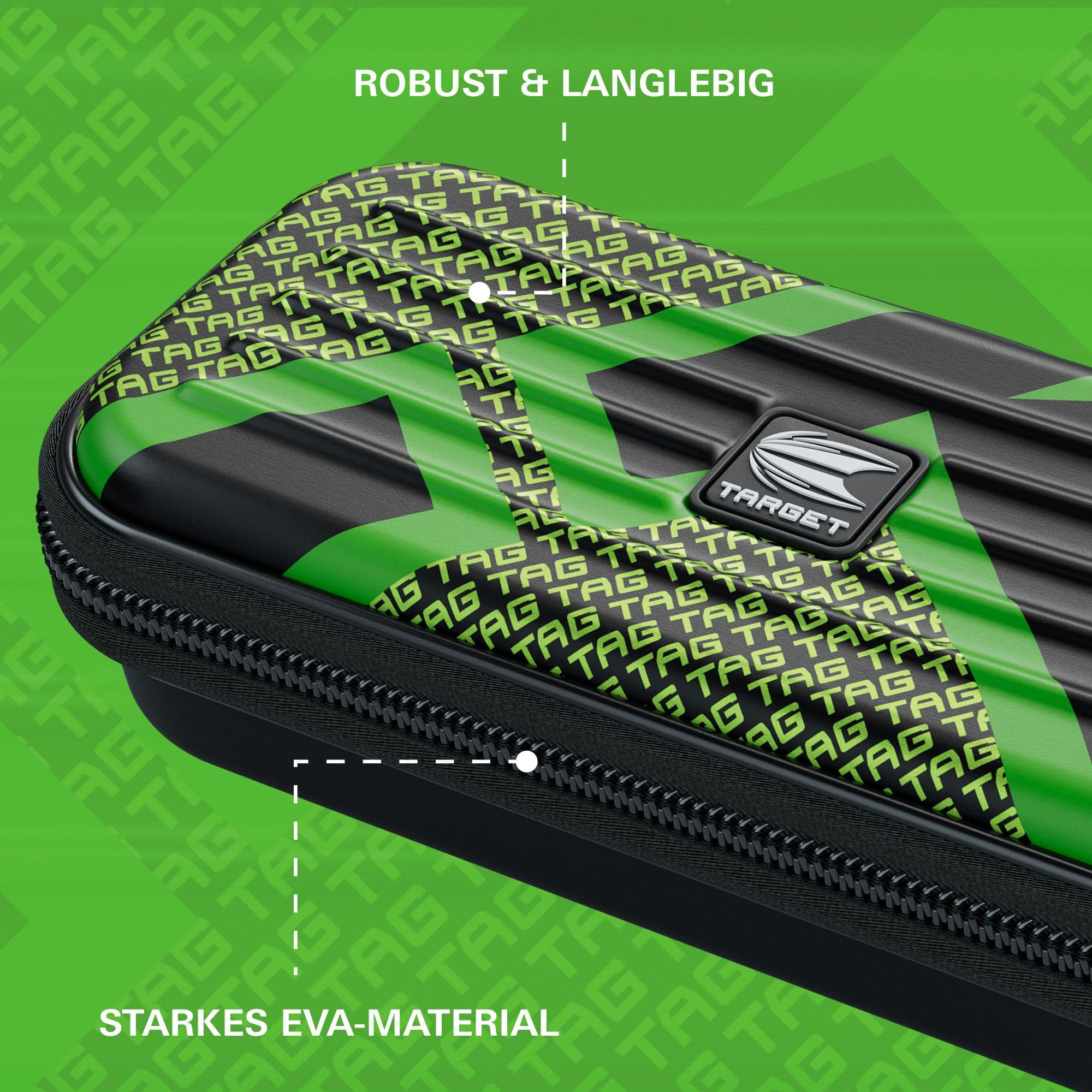 Custodia per freccette Target Takoma TAG Das Bild zeigt ein robustes Dartcase von Target in grünem Design mit dem Schriftzug "TAG". Die Tasche besteht aus starkem EVA-Material und ist als langlebig beschrieben.