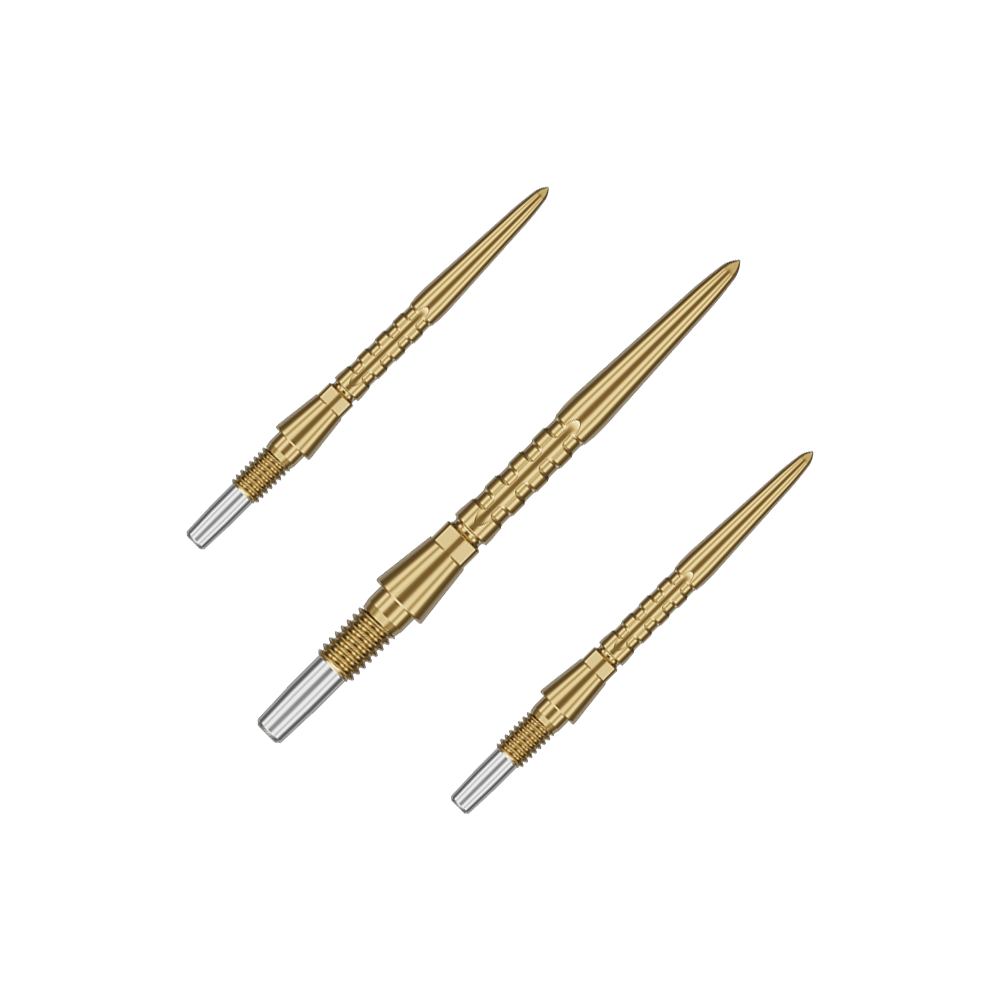 Punte per freccette in acciaio Target Swiss Point Storm Surge - oro Auf dem Bild sind drei goldene Steeldartspitzen zu sehen. Sie haben ein schlankes, geriffeltes Design mit einem silbernen Schraubgewinde am Ende.