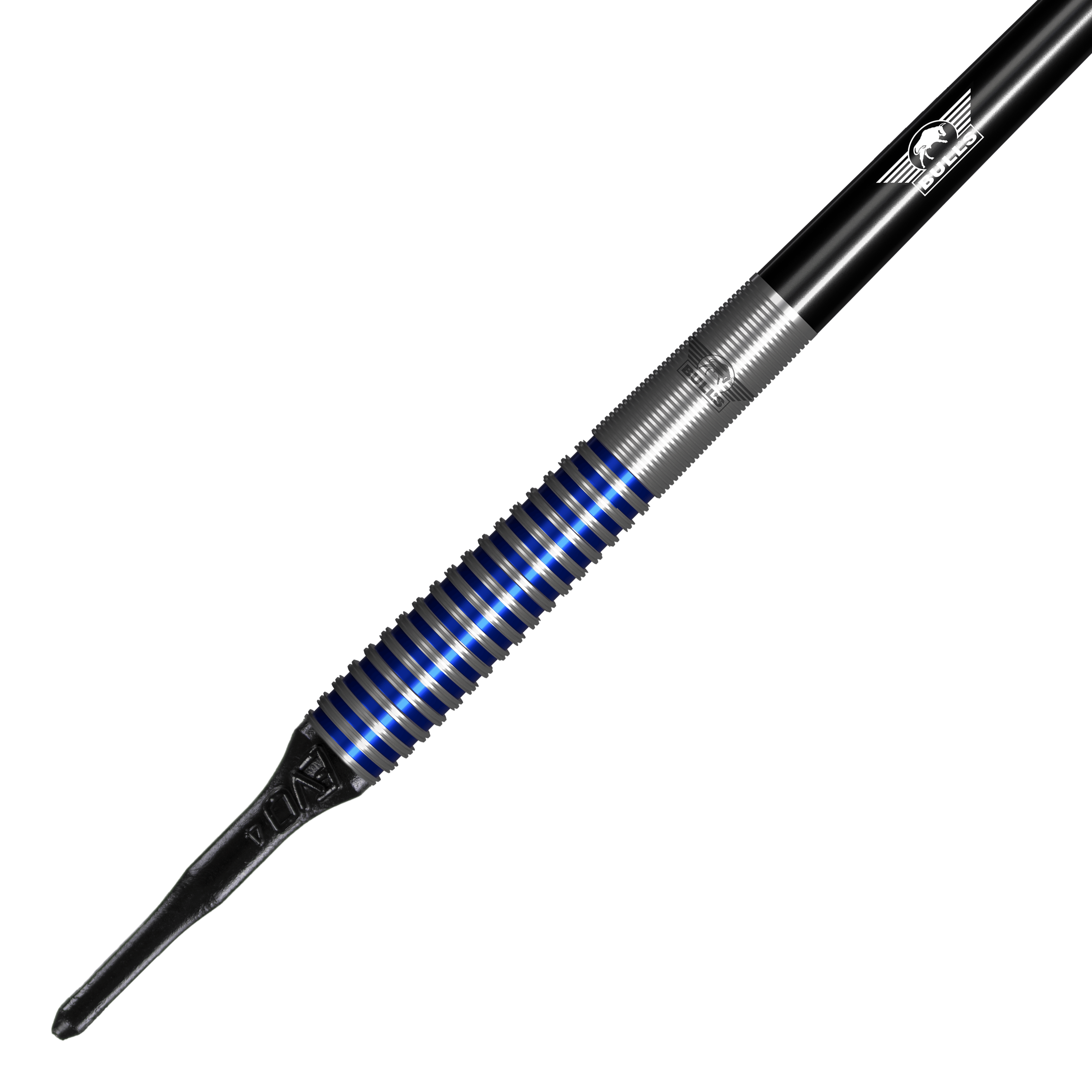 Bulls NL Romeo Grbavac freccette morbide - 19 g Das Bild zeigt einen Bulls NL Romeo Grbavac Softdart mit einem Gewicht von 19 Gramm. Der Dart hat ein silbernes Griffstück mit blauen Ringen und eine schwarze Spitze.