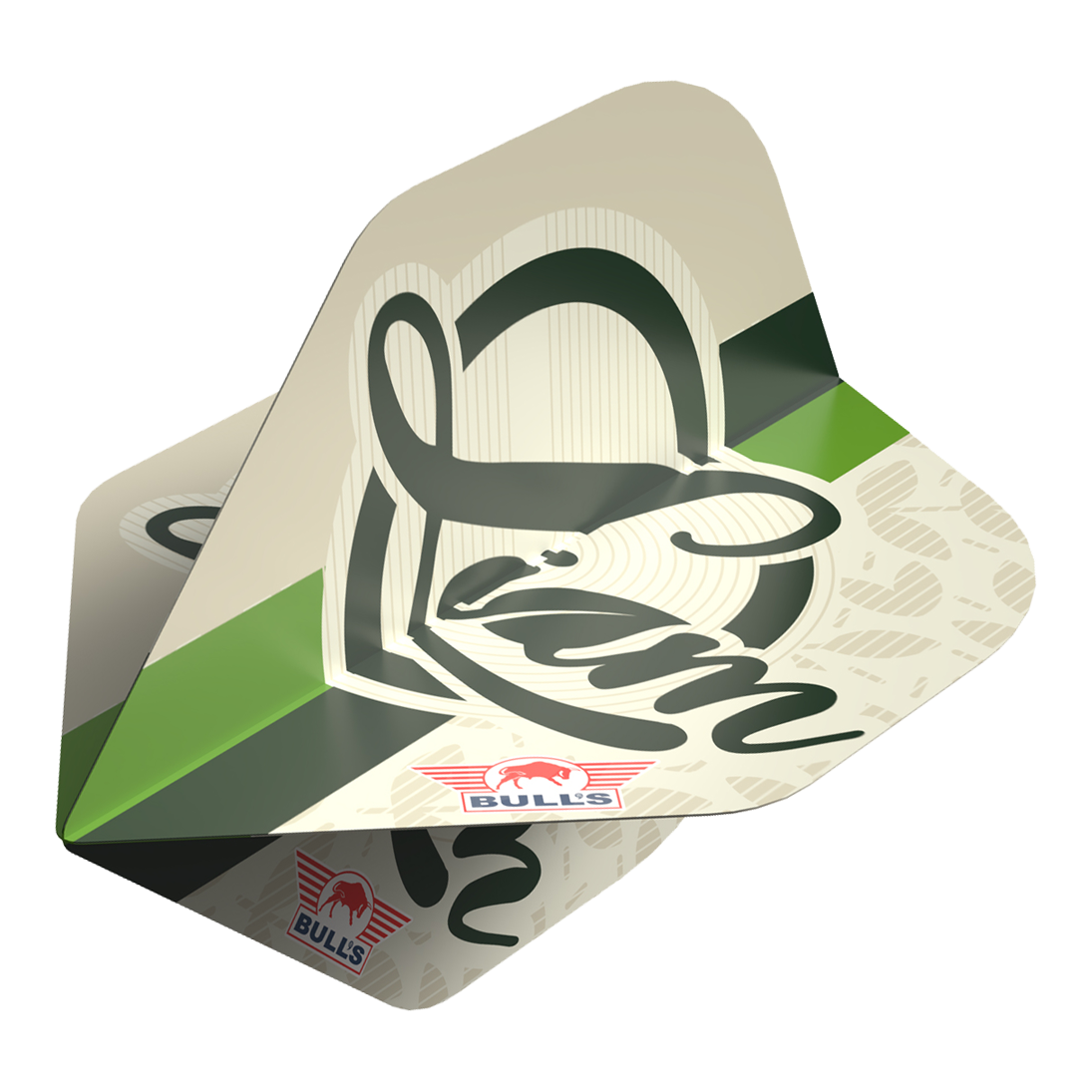 Bulls NL Player 100 Liam Maendl Lawrance No2 Standard Flights Das Bild zeigt ein Dart-Flights-Set mit dem Namen "Bulls NL Player 100 Liam Maendl Lawrance No2 Standard Flights". Die Flights sind beige mit grünen und schwarzen Akzenten und tragen das Bulls-Logo sowie den Schriftzug "Liam".