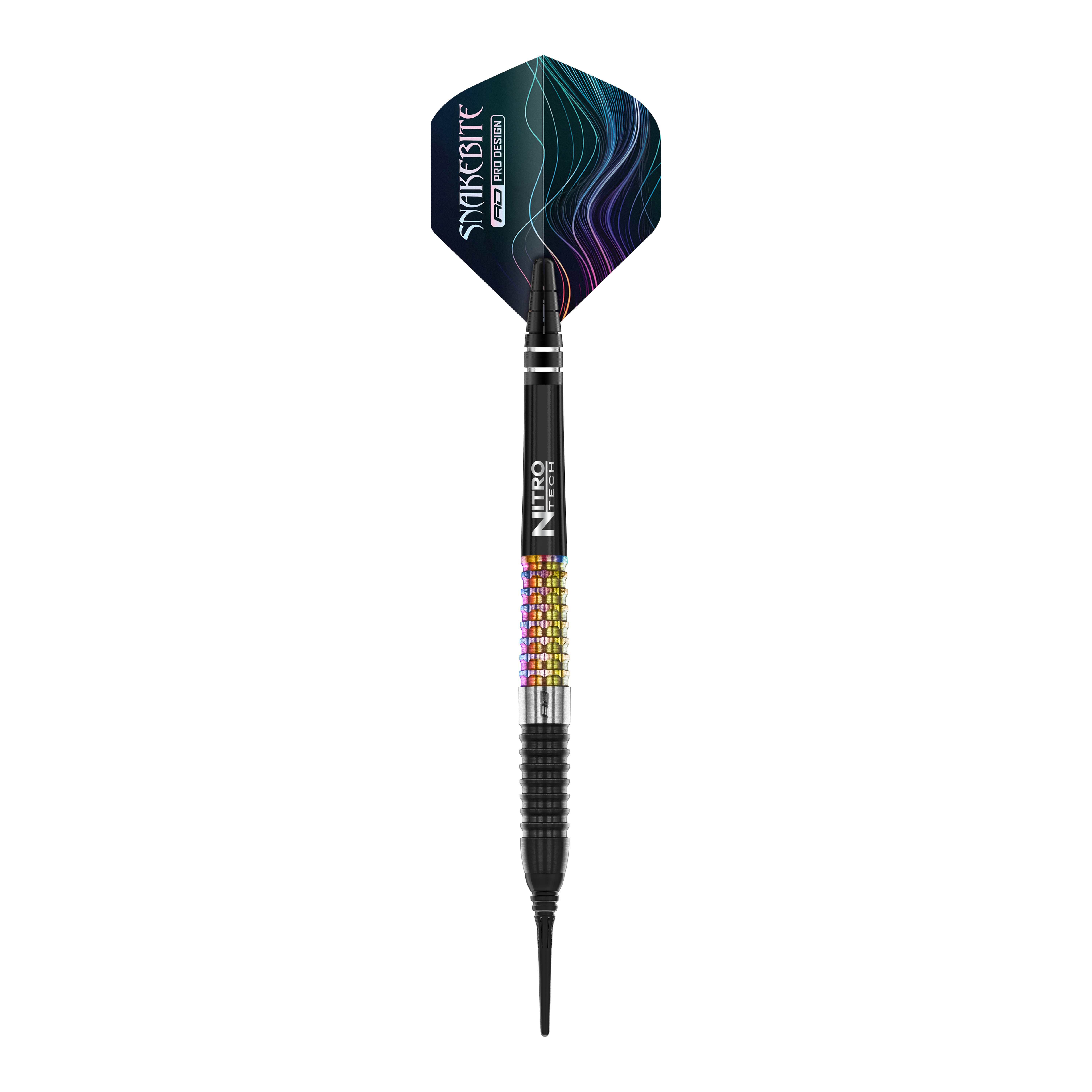 Freccette morbide Red Dragon Peter Wright Corra - 18 g Das Bild zeigt einen Red Dragon Peter Wright Corra Softdart mit einem Gewicht von 18 Gramm. Der Dart hat bunte Griffbereiche und einen schwarz-blauen Flight mit dem Aufdruck "Snakesbite".