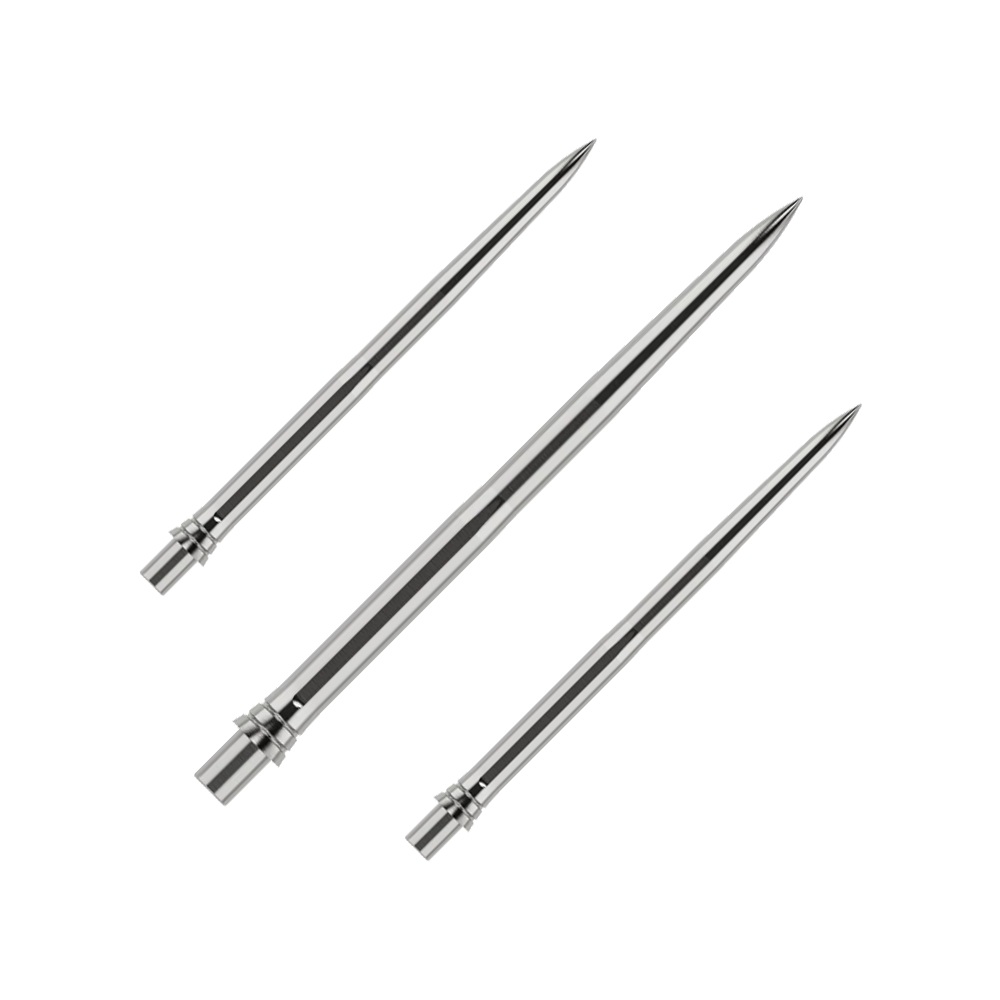 Auf dem Bild sind silberne Dartspitzen in einem Set zu sehen, jeweils 32mm lang. Die Oberfläche der Spitzen ist glatt und sie werden zusammen präsentiert.