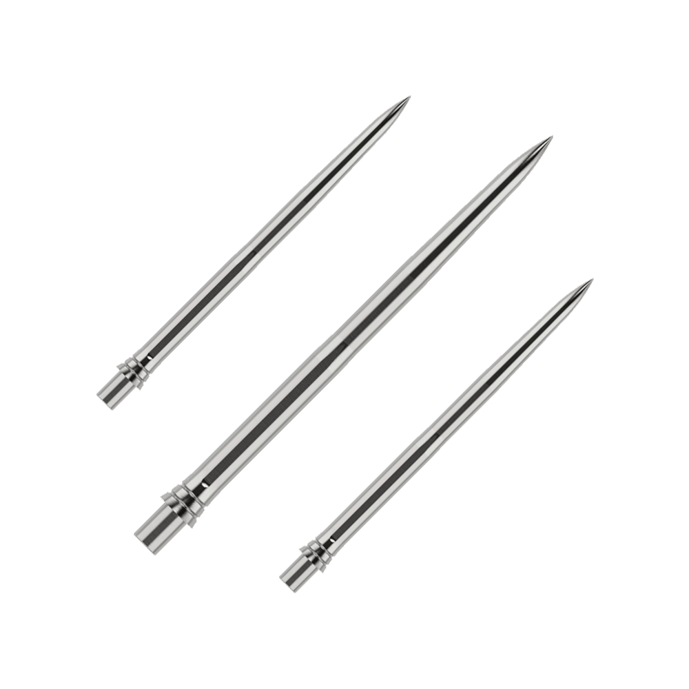 Punte per freccette Caliburn EVO - Lisce - Argento Auf dem Bild sind silberne Dartspitzen in einem Set zu sehen, jeweils 32mm lang. Die Oberfläche der Spitzen ist glatt und sie werden zusammen präsentiert.