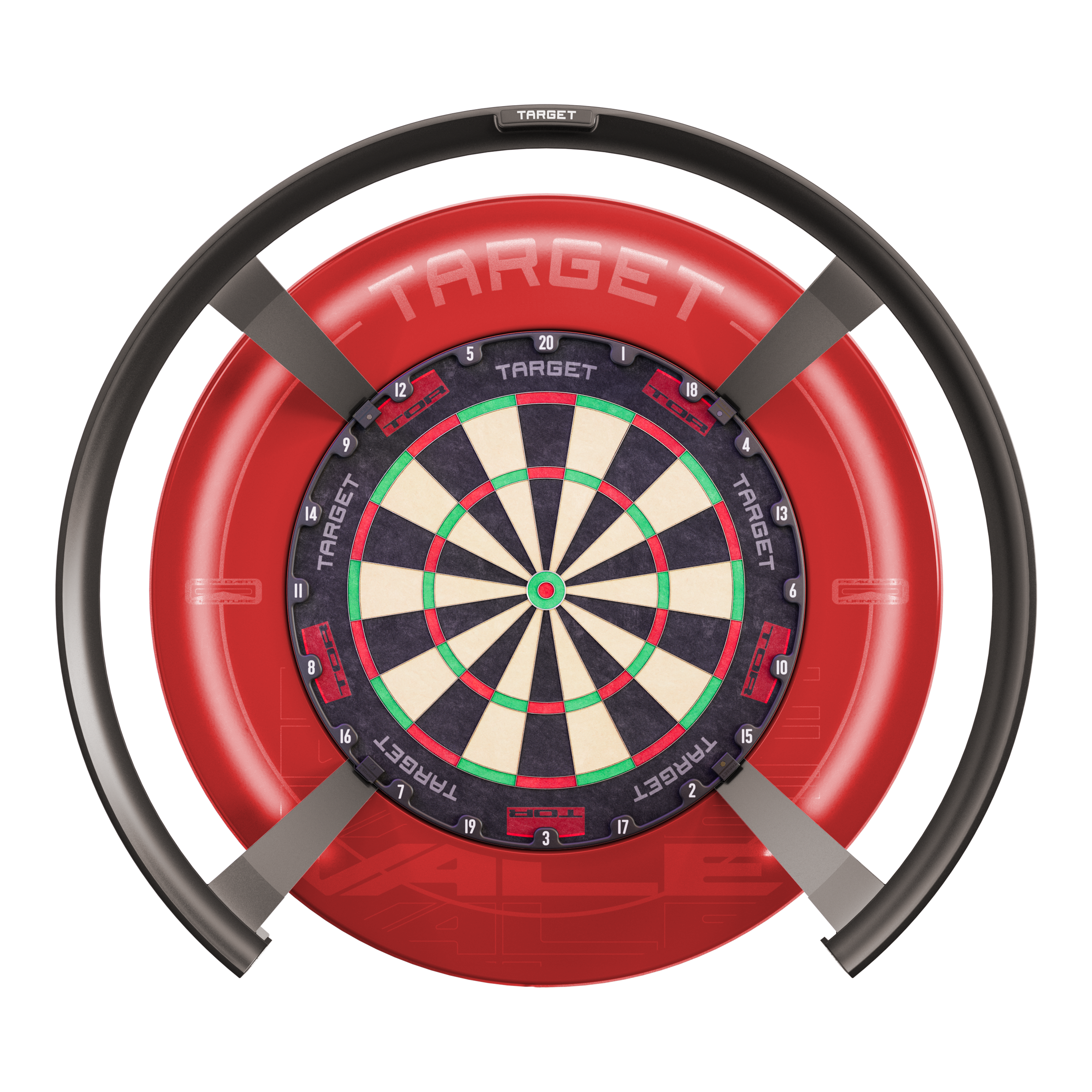 Sistema di punteggio automatico Target OMNI Das Bild zeigt das Produkt "Target OMNI Auto-Scoring-System", ein innovatives elektronisches System für Dartspiele. Es besteht aus einem Dartboard mit einem kreisförmigen automatischen Punktesystem und einer markanten roten Umrandung.