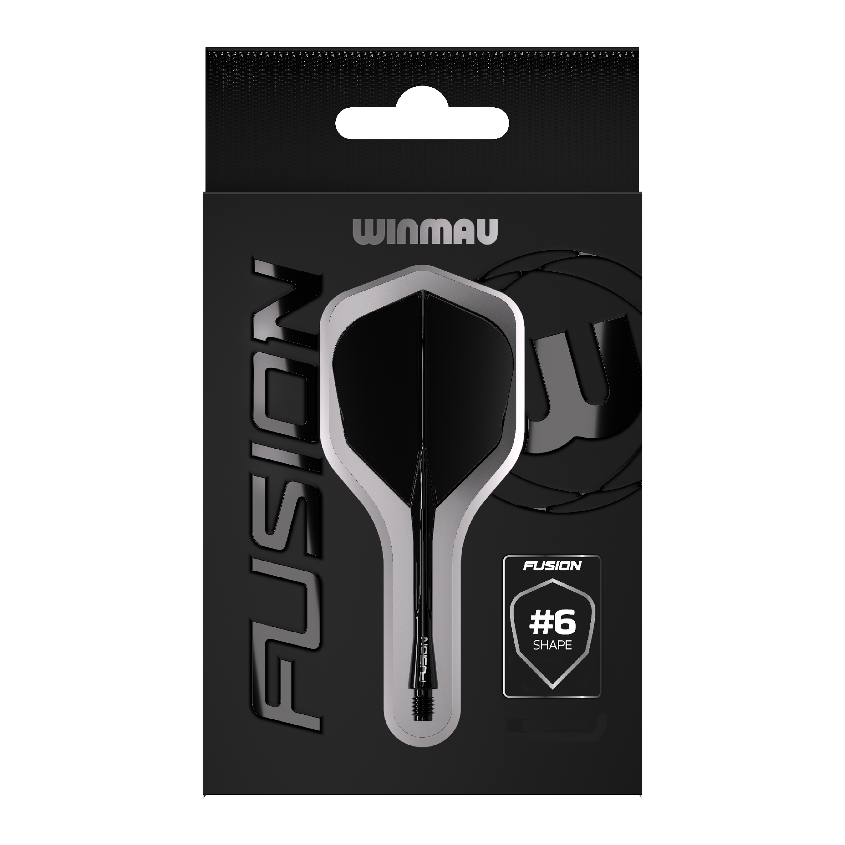 Sistema di alberi di volo Winmau Fusion n. 6 nero Das Bild zeigt eine Verpackung des Winmau Fusion Flight Shaft Systems in Schwarz. Auf der Verpackung steht, dass es sich um die Form Nummer 6 handelt.