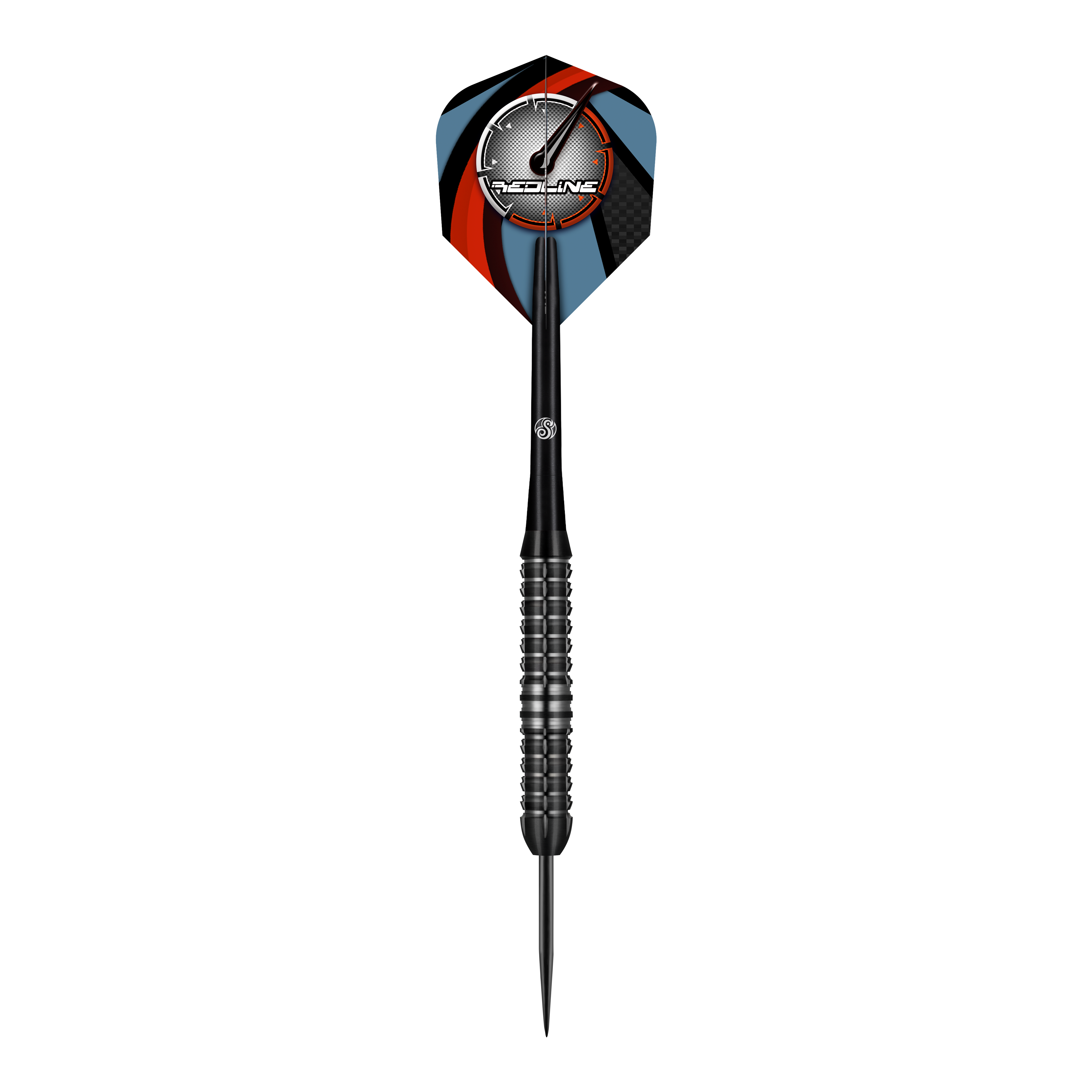 Freccette in acciaio smaltato Shot Redline Der Shot Redline Blazed Steeldart ist ein schwarzer Dartpfeil mit einem gerillten Griff und einer spitzen Metallspitze. Das Dartflight zeigt ein modernes Design mit rot, blau und schwarzen Farben sowie dem "Redline"-Logo.
