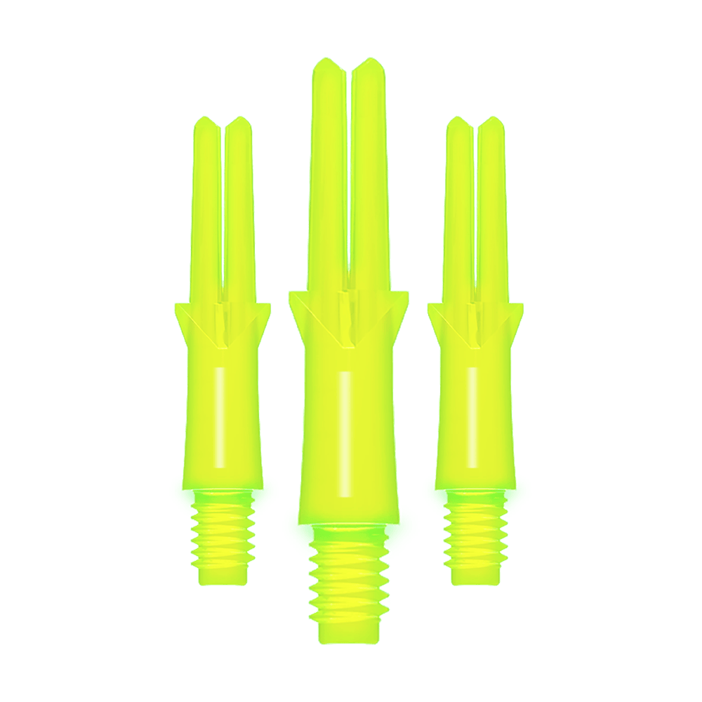 Alberi a L stile L bloccati dritti - Giallo neon Das Bild zeigt drei neon-gelbe, gerade Dart-Schäfte mit Gewinde. Sie sind unterschiedlich lang und stehen nebeneinander aufrecht.