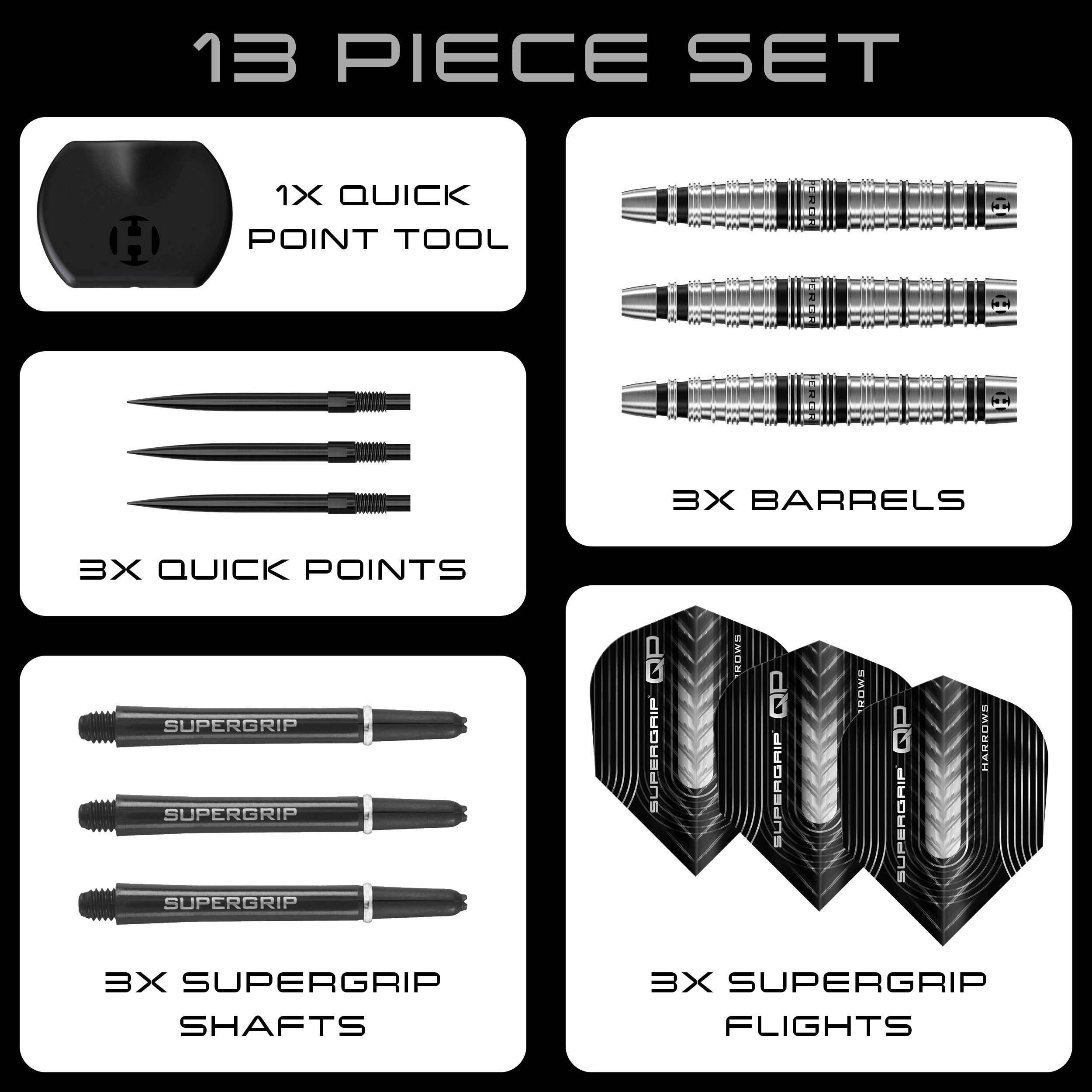 Freccette in acciaio Harrows Supergrip Torpedo Quick Point Harrows Supergrip Torpedo Quick Point Steeldarts sind auf dem Bild zu sehen. Eine Detailansicht hebt den Produktbereich hervor.