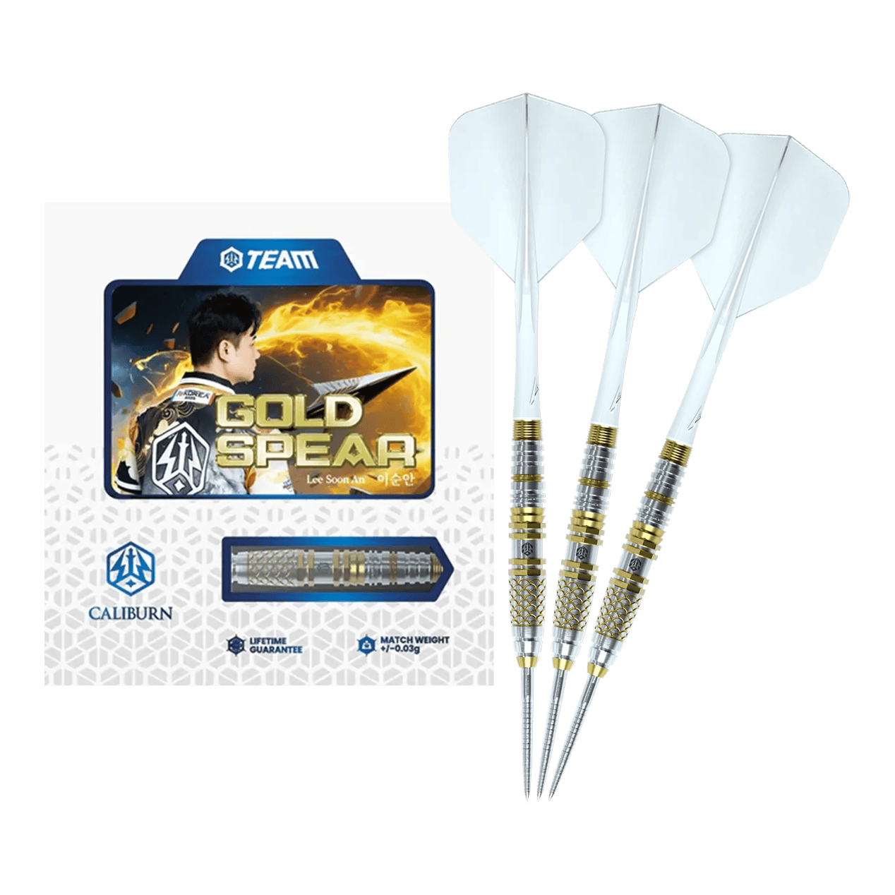 Caliburn Players Darts Lee Soon An Gold Spear Steeldarts - 23 g Hier sieht man die Caliburn Players Darts Lee Soon An Gold Spear Steeldarts mit 23 Gramm. Die Steeldarts sind für Präzision und Kontrolle beim Spiel entwickelt.