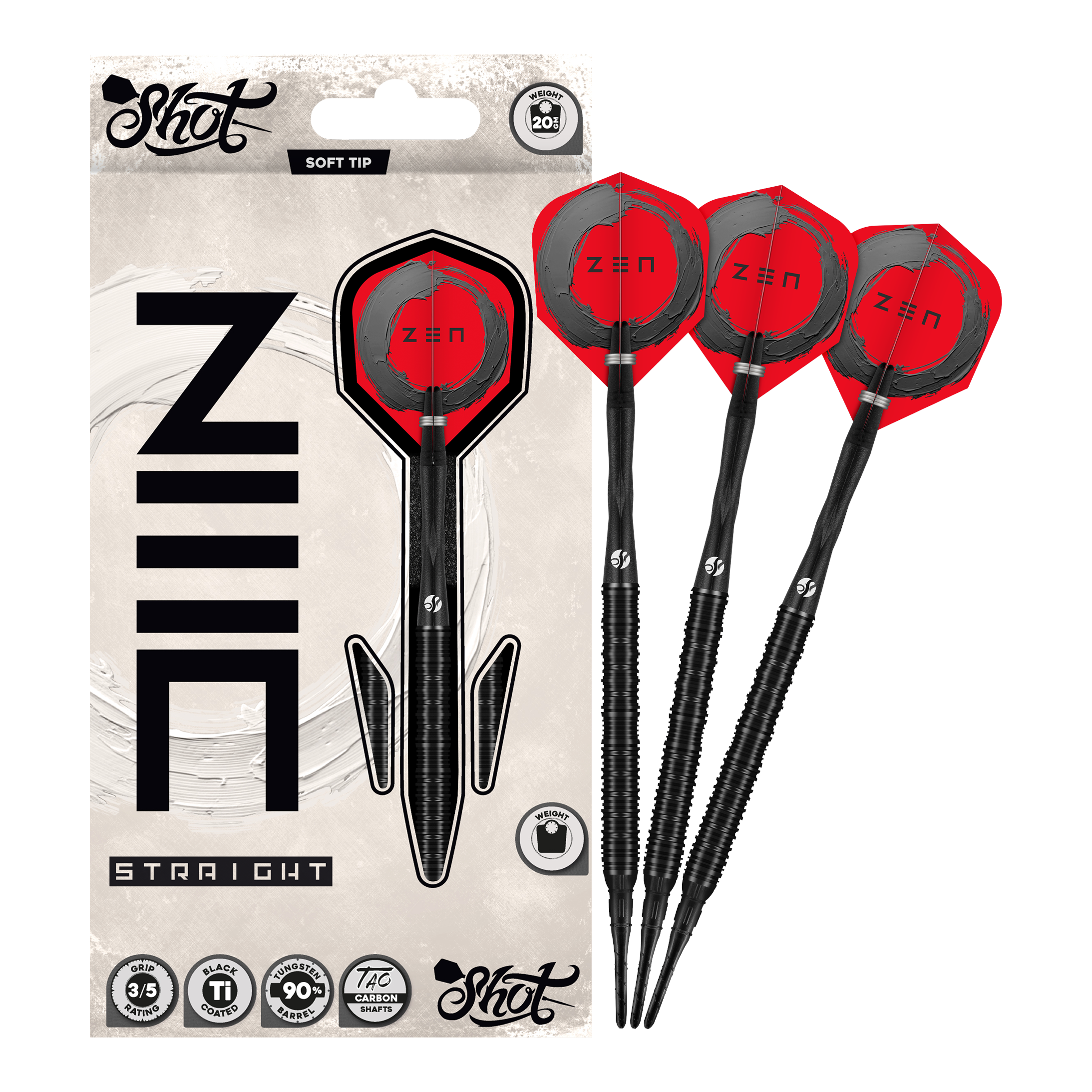 Freccette morbide Shot ZEN Straight - 20 g Hier sieht man die Shot ZEN Straight Softdarts mit 20 Gramm Gewicht. Sie sind speziell für Softdartspieler konzipiert.