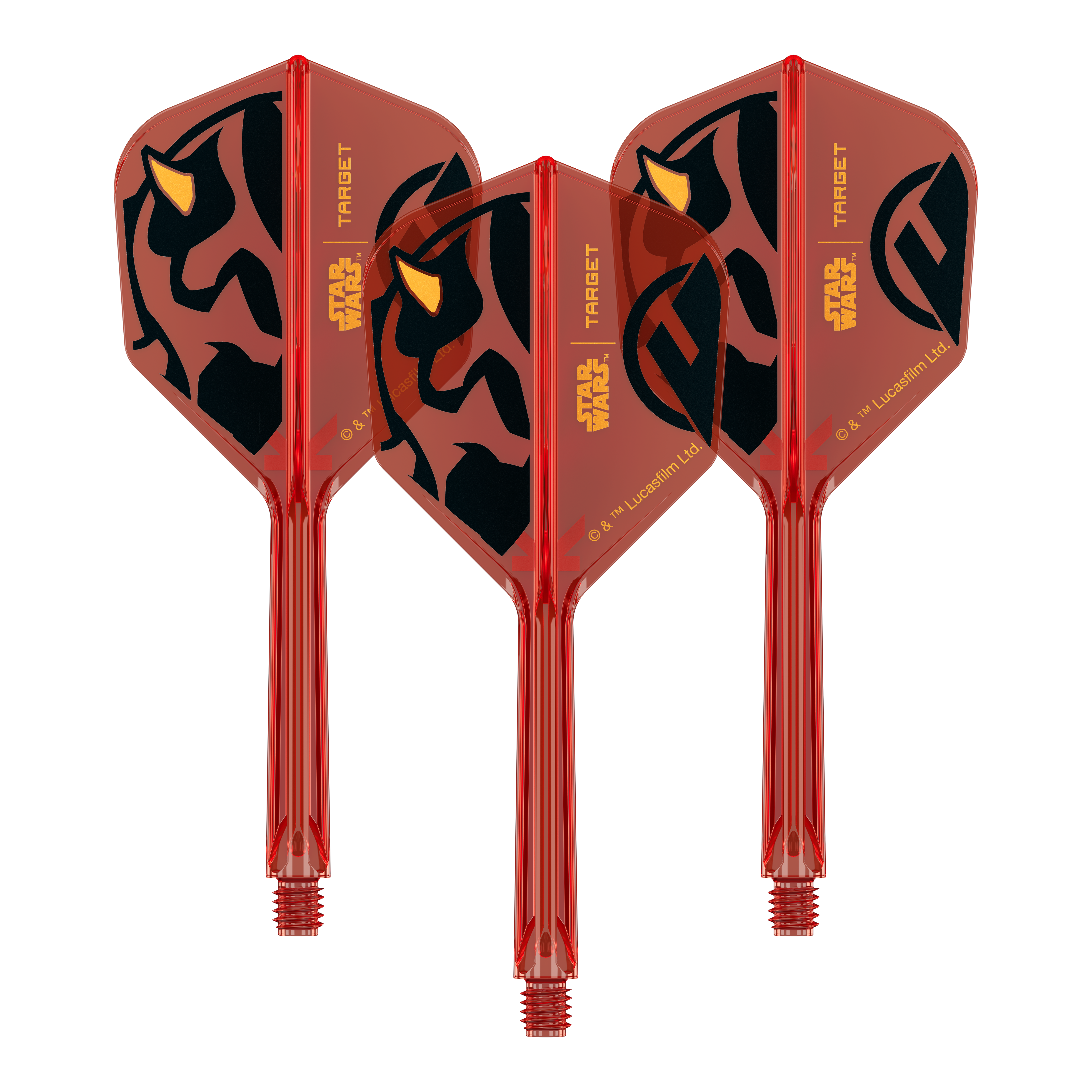 Voli Target Star Wars K-Flex Darth Maul No6 Abgebildet ist ein Produkt mit dem Namen 410522_Target_StarWars_KFlex_DarthMaul_No6_Flights_Medium_33mm_1Set. Das Bild zeigt vermutlich Dart-Flights mit Star Wars Darth Maul Motiv.
