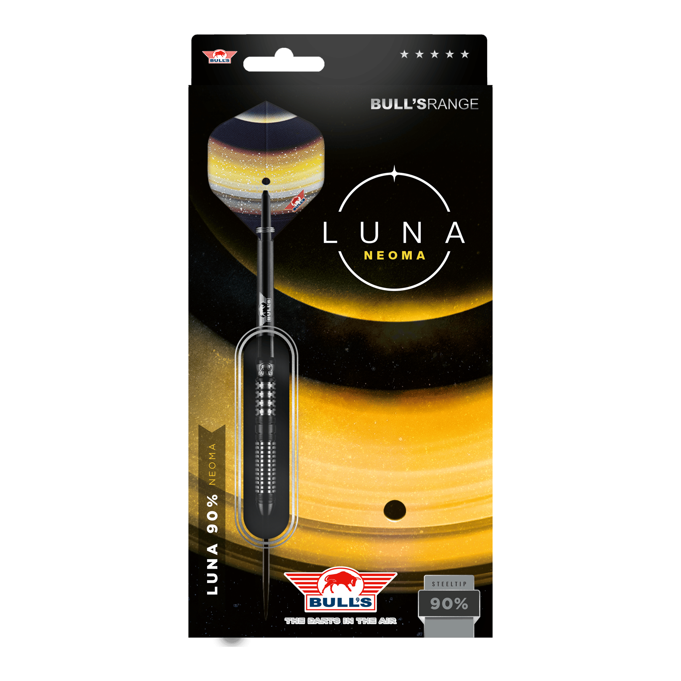 Bulls NL Luna Neoma freccette in acciaio Das Bild zeigt die Verpackung der Steeldarts "Bulls NL Luna Neoma". Die Verpackung ist in dunklen Farben mit gelben Akzenten gestaltet und hebt das Produkt sowie das Logo von Bulls hervor.