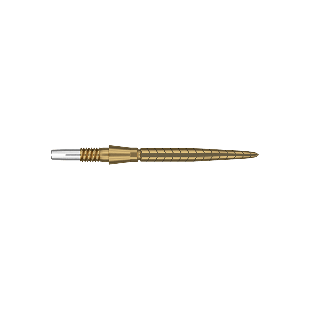 Punte per freccette Target Swiss Storm Quartz - Oro Dies ist eine goldfarbene Dartspitze mit feinen Rillen und Linien. Sie hat ein schlankes, präzises Design und eine silberne Spitze am Ende.