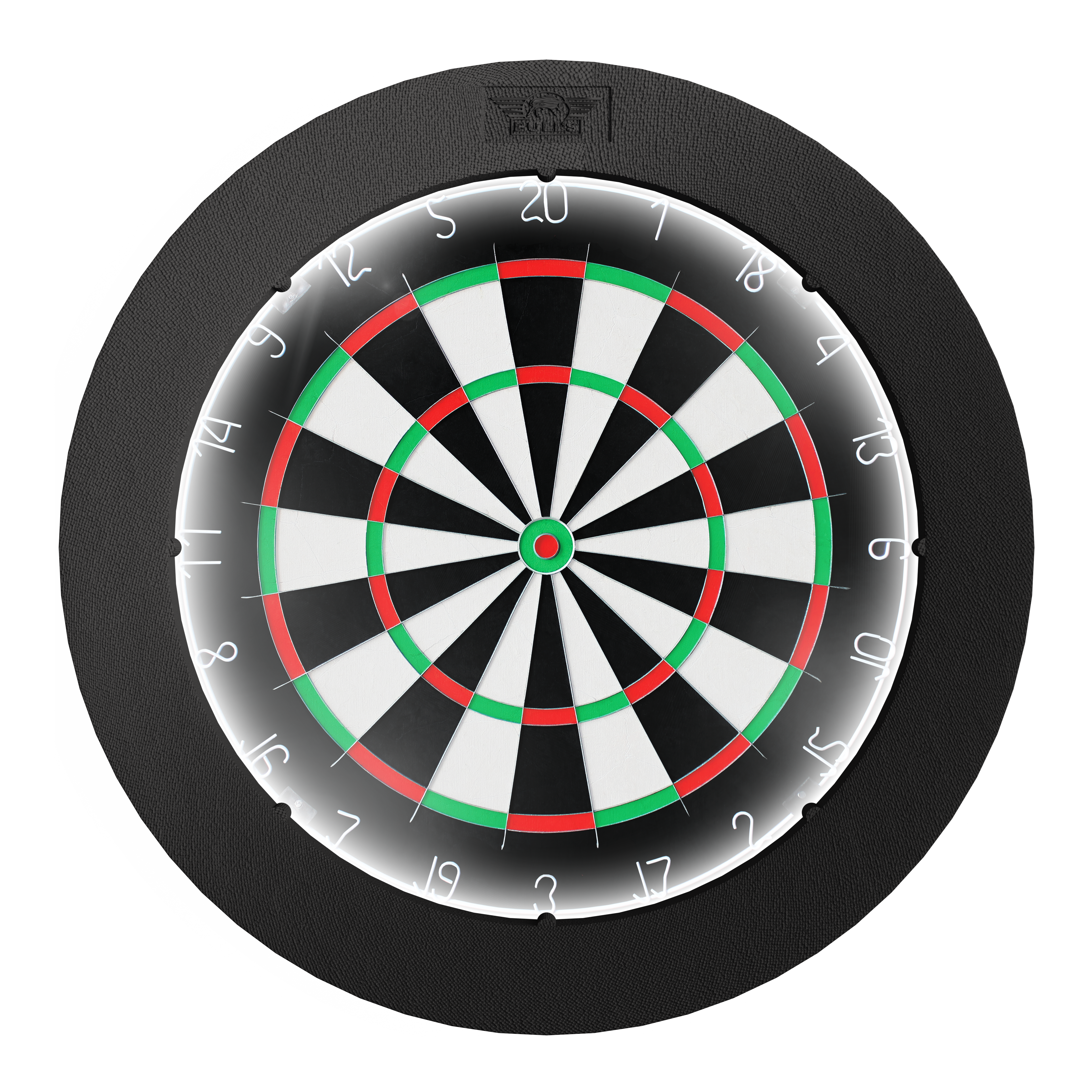 Sistema di illuminazione Bulls NL Lumo Light Surround Das Bild zeigt das Produkt "Bulls NL Lumo Light Surround Beleuchtungssystem", das eine Dartscheibe mit integriertem LED-Licht darstellt. Die Beleuchtung sorgt für eine optimale Ausleuchtung des Spielfelds.