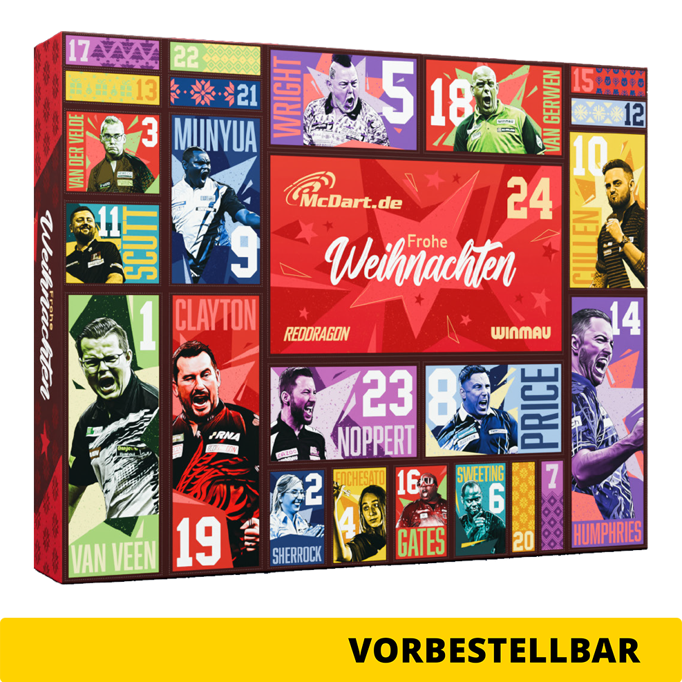 Calendario dell'Avvento 2026 con freccette in acciaio McDart Zu sehen ist der McDart Steel-Darts Adventskalender 2026. Der Kalender bietet Überraschungen für Steeldart-Spieler.