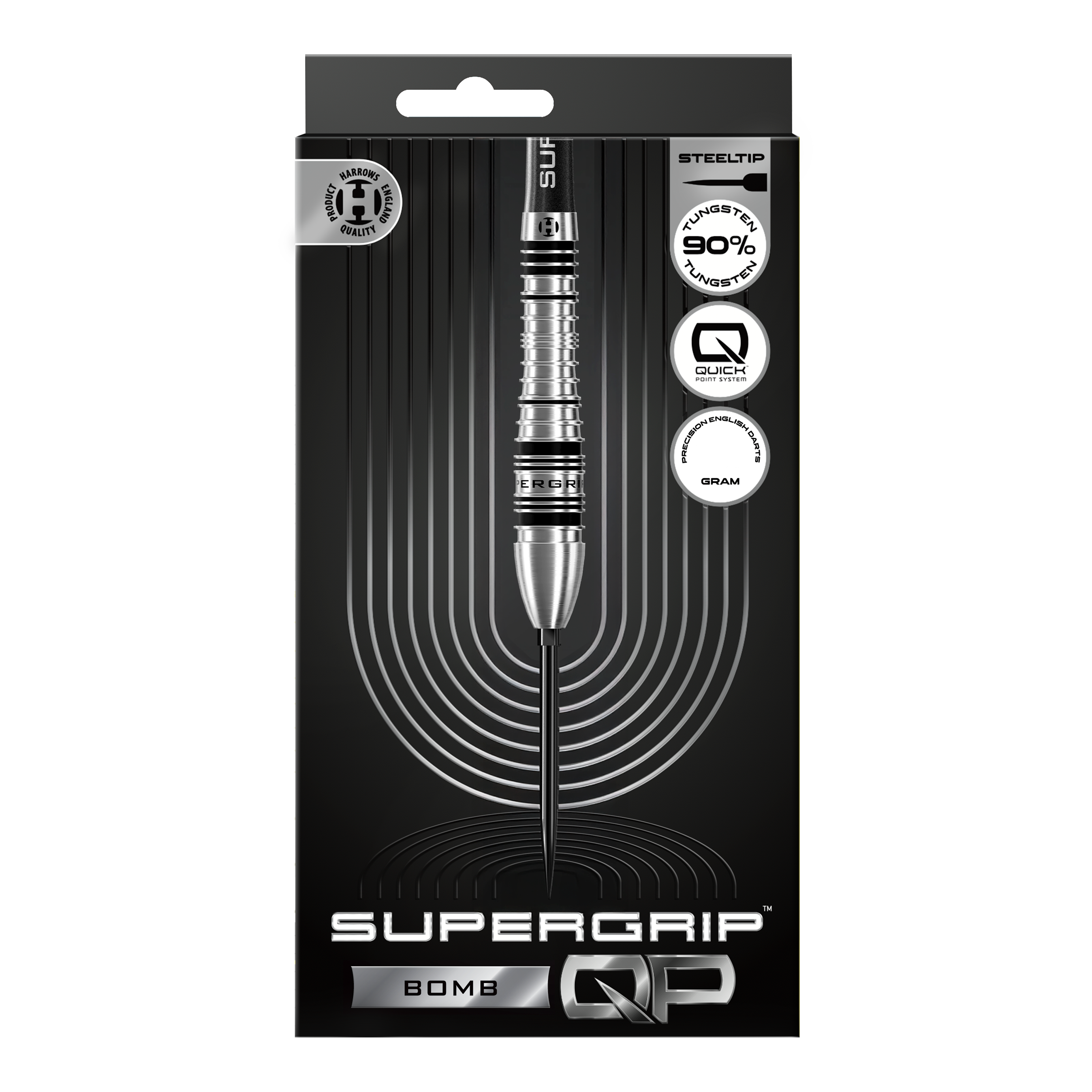 Freccette in acciaio Harrows Supergrip Bomb Quick Point Gezeigt werden die Harrows Supergrip Bomb Quick Point Steeldarts. Das Produkt bietet hohe Kontrolle und Stabilität beim Wurf.