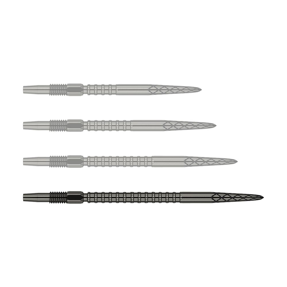 Punte per freccette Target Swiss DS Surge Point - Nere Das Bild zeigt vier schwarze Dartspitzen, die nebeneinander ausgerichtet sind. Jede Spitze hat ein geriffeltes und gemustertes Design entlang des Schafts.