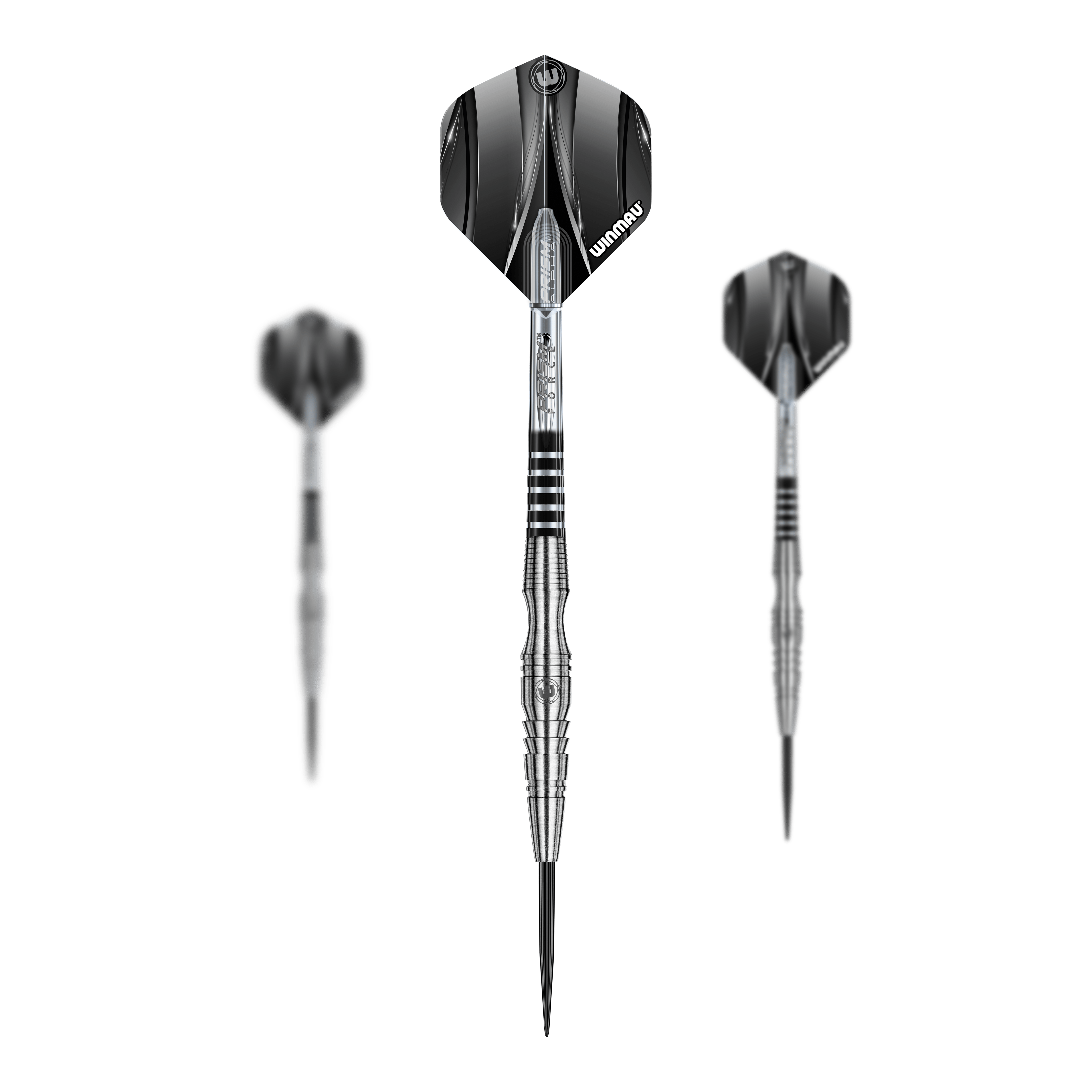 Winmau Sniper V3 Steeldarts Das Bild zeigt drei Winmau Sniper V3 Steeldarts mit silbernem Schaft und schwarzen Flights. Die Darts sind in einer frontalen und zwei seitlichen Ansichten dargestellt.