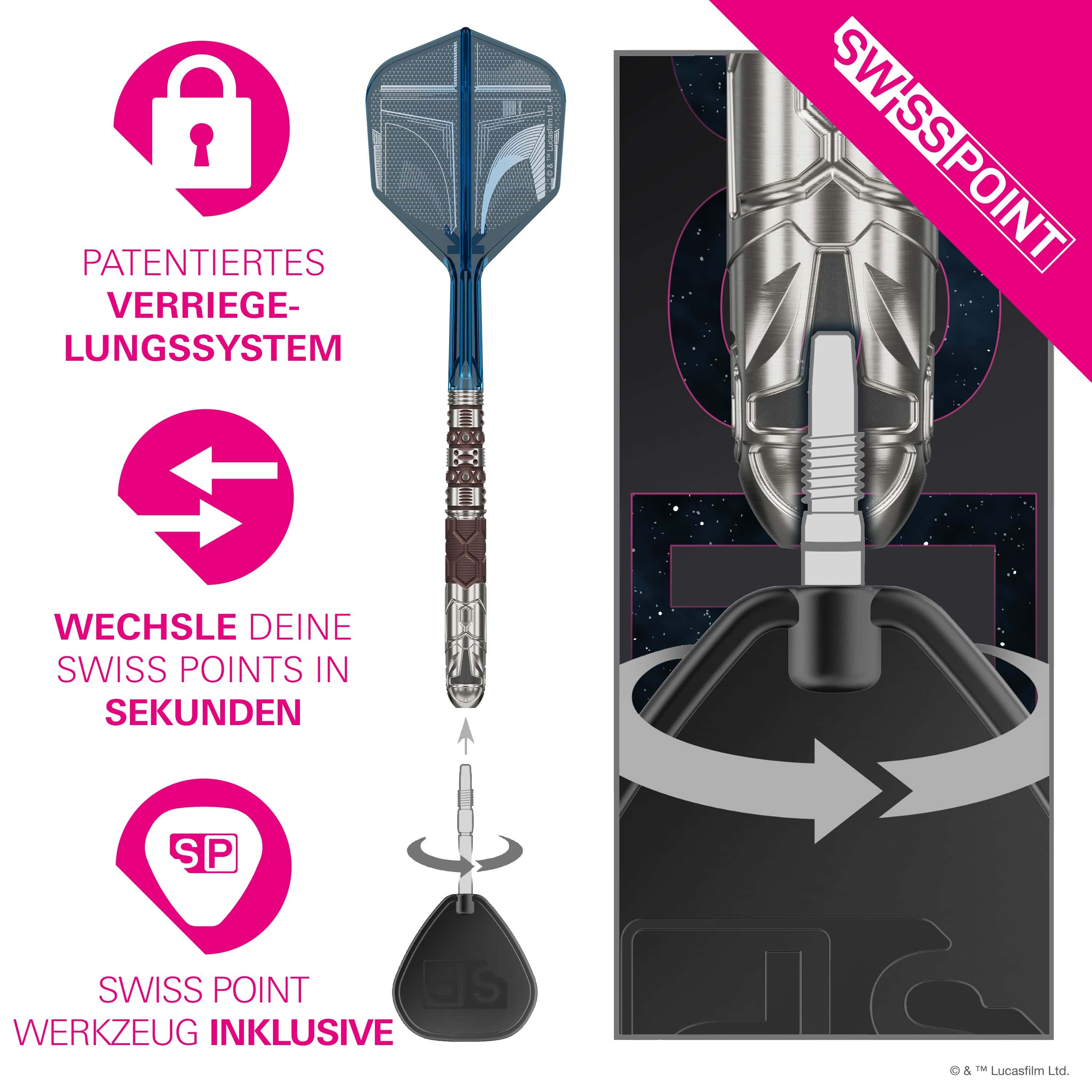 Dardi in acciaio Target Star Wars Mandalorian 95 Swiss Point Das Bild zeigt die Target Star Wars Mandalorian 95 Swiss Point Steeldarts. Es handelt sich um hochwertige Steeldarts mit einem Mandalorian-Design.