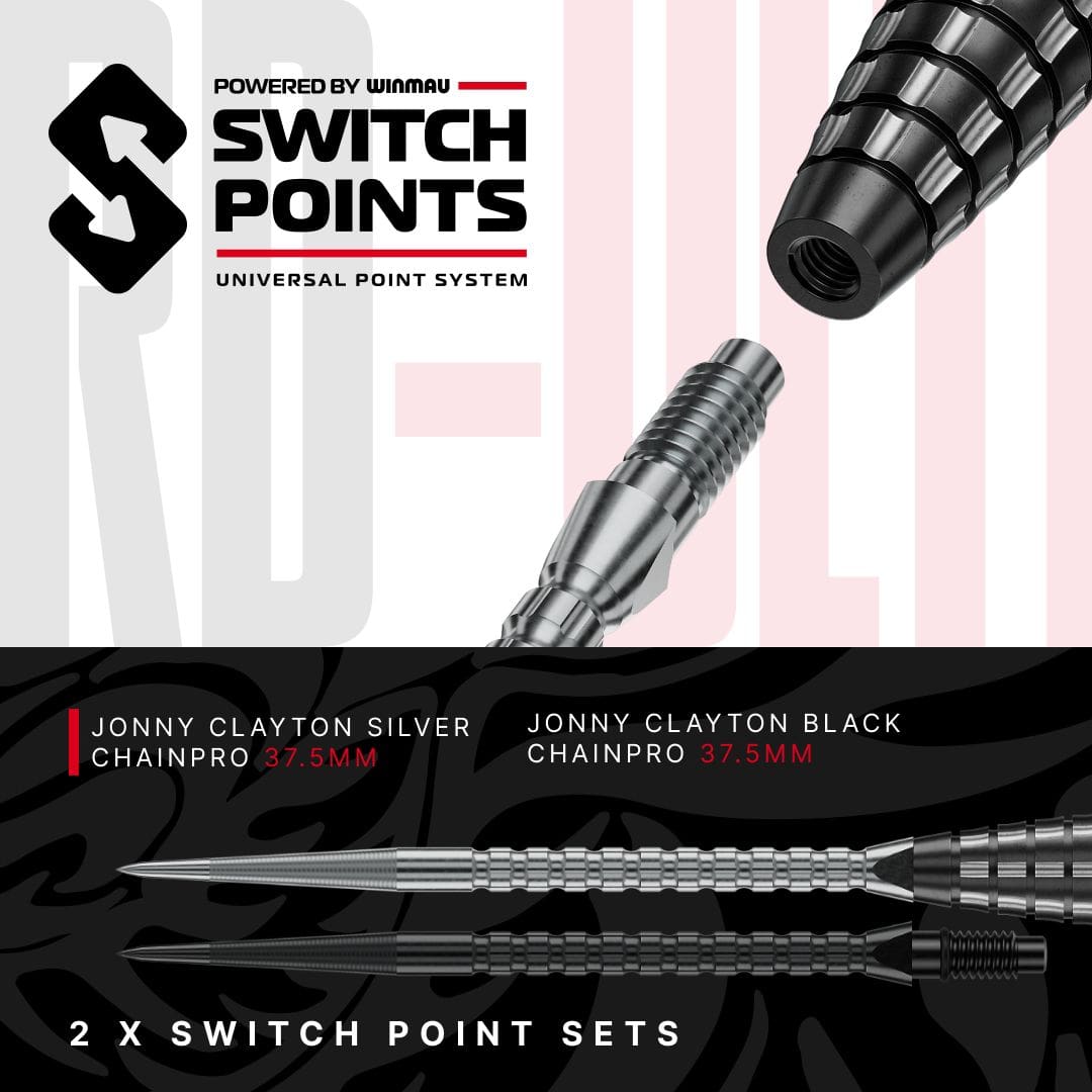 Freccette in acciaio Red Dragon Jonny Clayton RD-ULTRA Switch Point - 22 g Die Abbildung zeigt die Red Dragon Jonny Clayton RD-ULTRA Switch Point Steeldarts mit 22 Gramm. Die Darts liegen nebeneinander und sind gut sichtbar.