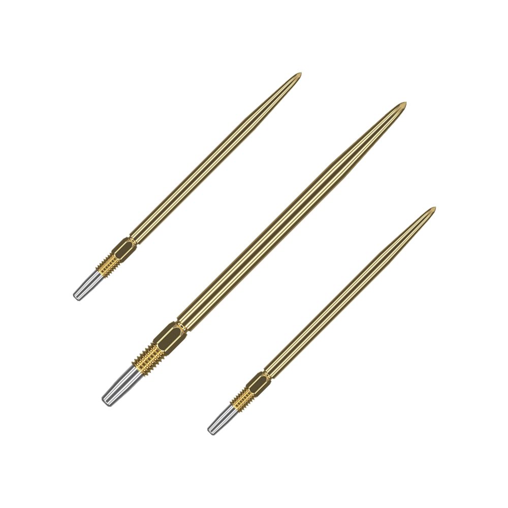 Punte per freccette Target Swiss Point Gold Auf dem Bild sind drei goldene Dartspitzen zu sehen. Sie haben ein geriffeltes silbernes Endstück zur Befestigung.
