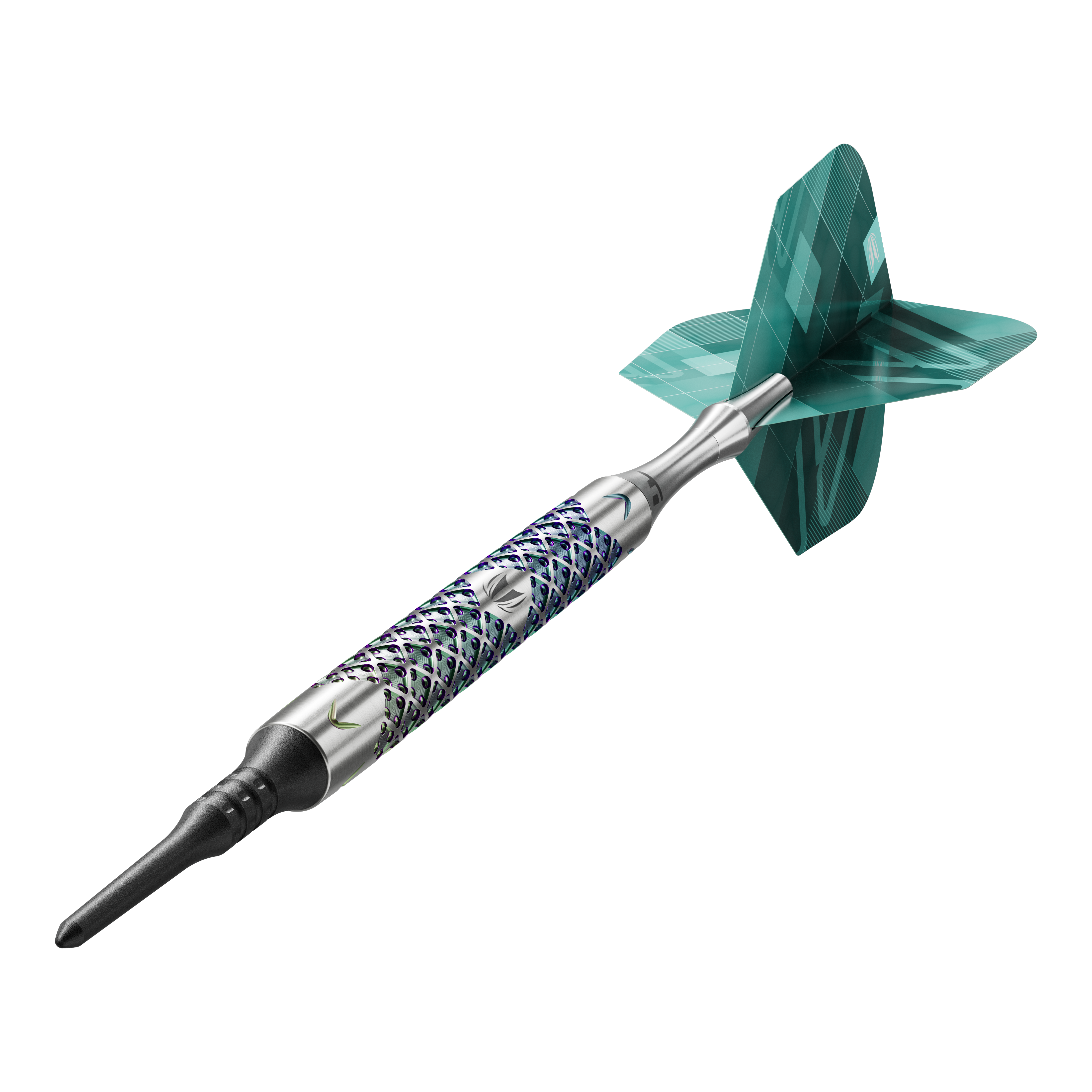 Target Rove 10 freccette morbide Das Bild zeigt einen einzelnen Target Rove 10 Softdart. Der Dart hat ein silbernes, gemustertes Barrel und grüne Flights.