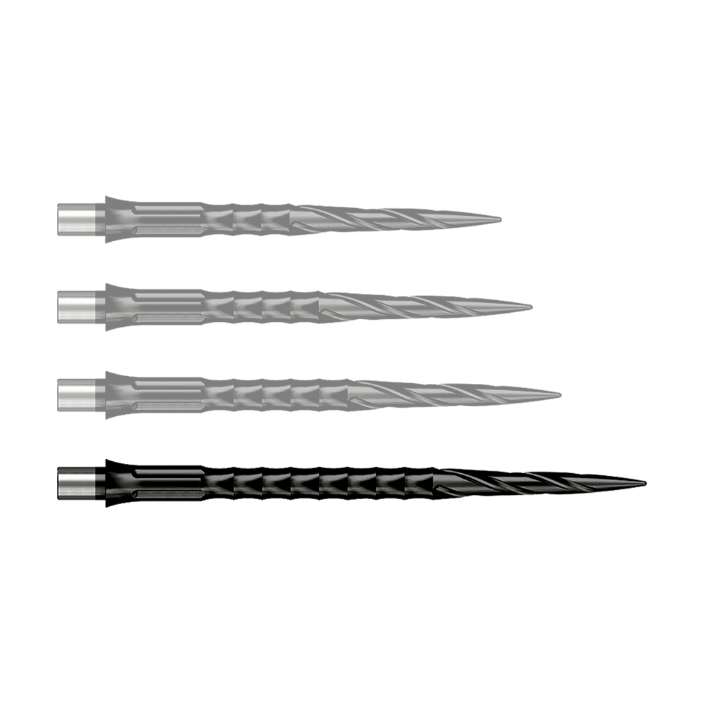 Punte per freccette in acciaio Caliburn System - Spiro - No Lip - Nero Zu sehen ist ein Produkt mit dem Dateinamen EVO033_Caliburn_Evo_System_Steeldartspitzen_Spiro_NoLip_Black_40mm_1. Wahrscheinlich handelt es sich um eine einzelne schwarze Steeldartspitze.