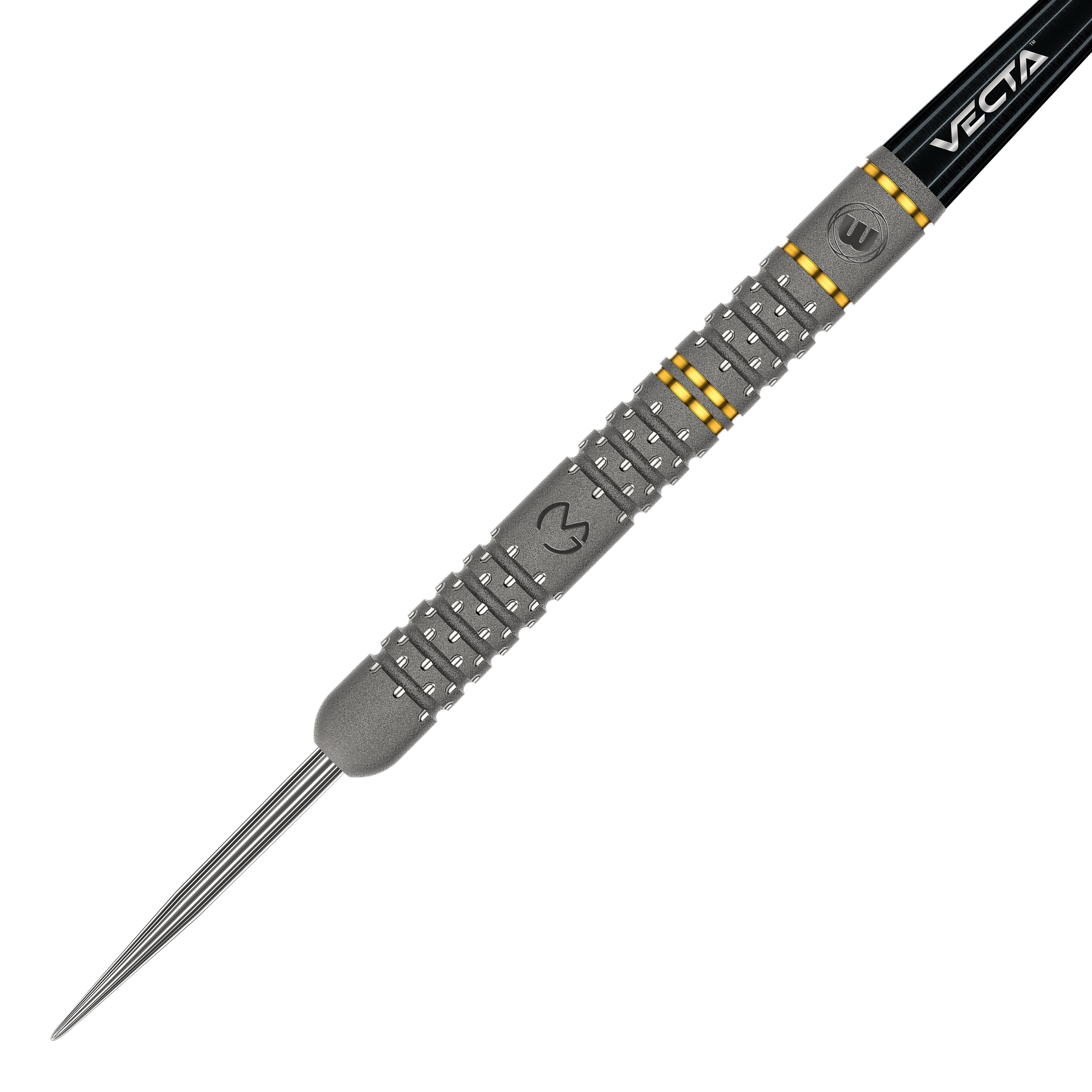Freccette in acciaio Winmau Michael Van Gerwen Evo-X Dies ist ein Winmau Michael Van Gerwen Evo-X Steeldart. Der Dartpfeil hat ein silbernes Barrel mit gelben Akzenten und einer schwarzen Spitze.