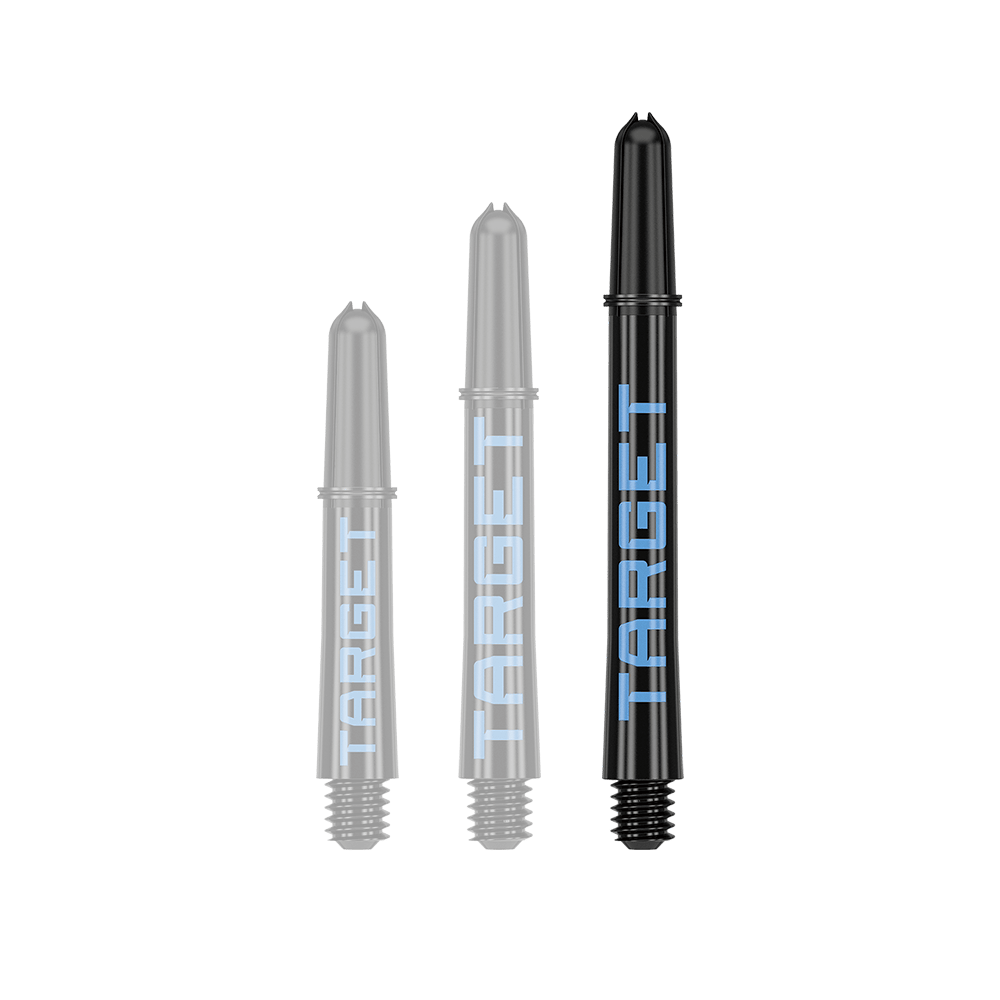 Aste Target Pro Grip TAG - 3 set - Nero Blu Auf dem Bild sind drei schwarze Dart-Schäfte in verschiedenen Längen zu sehen. Auf jedem Schaft steht das Wort "TARGET" in blauer Schrift.