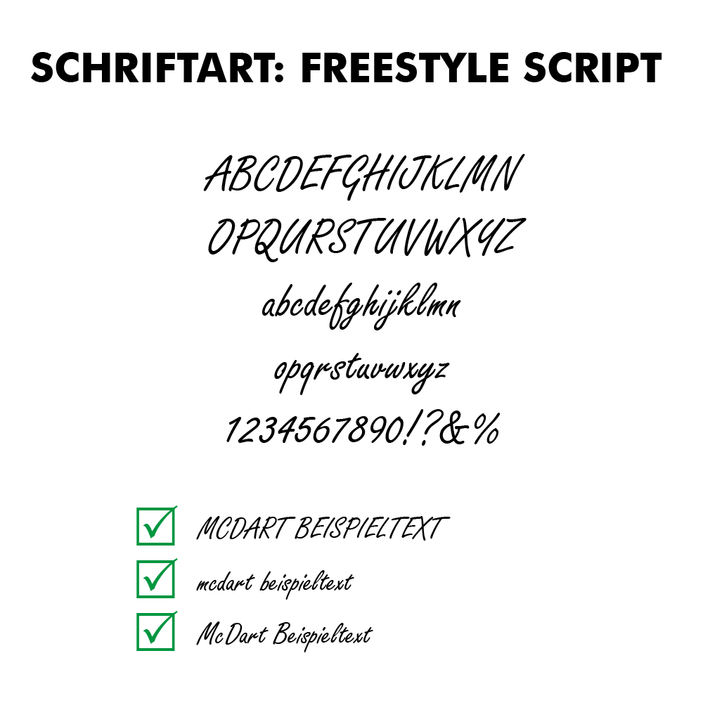Flightdruck_Schriftart_Freestyle_ScriptpQpdfNmss8xQG Das Bild zeigt verschiedene Schriftartenbeispiele der Schriftart „Freestyle Script“. Zu sehen sind das Alphabet, Zahlen, Sonderzeichen und Beispieltexte in dieser Schriftart.