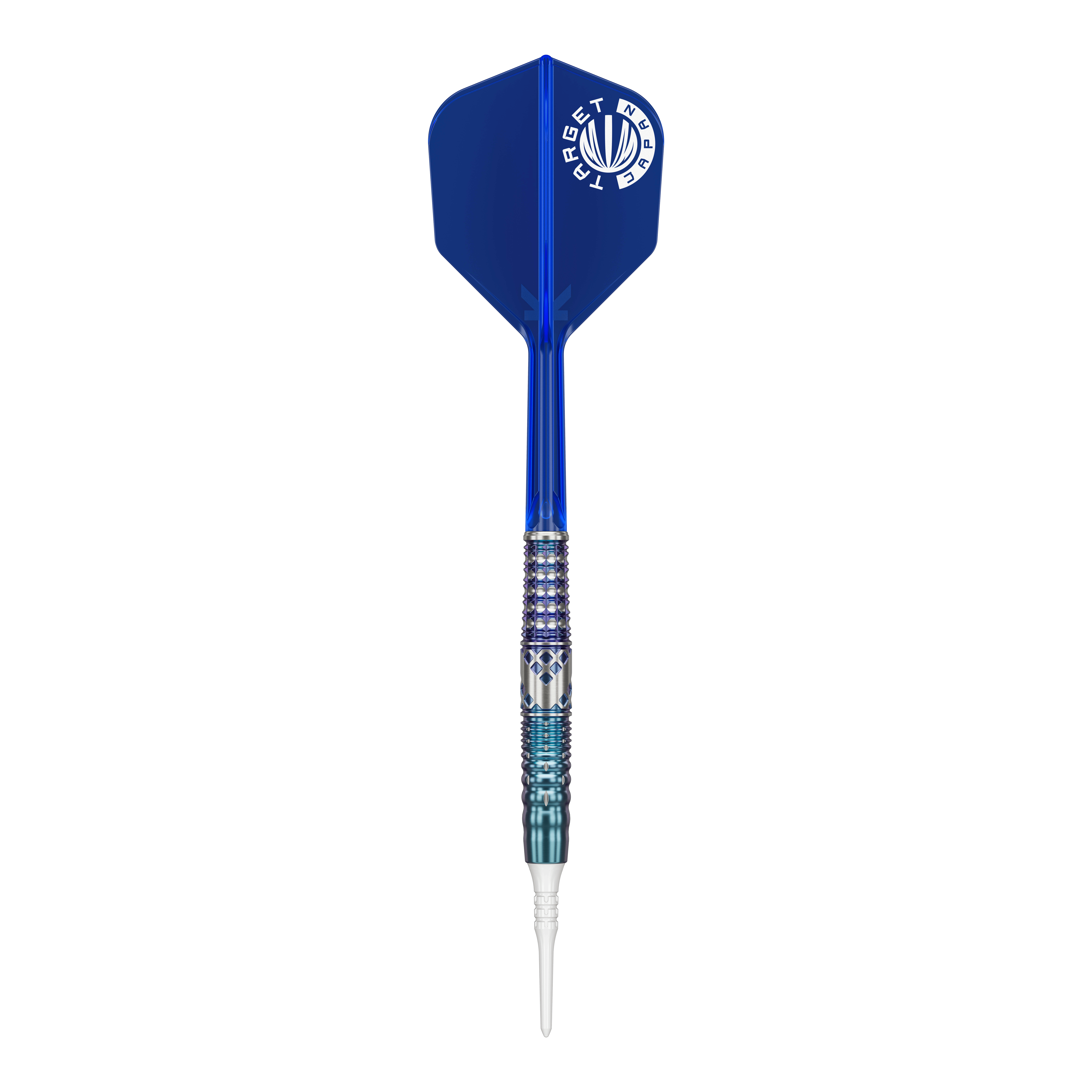 Target Japan Cathy Leung Charis GEN5 Freccette morbide - 19 g Das Bild zeigt einen Softdart mit einem blauen Flight und silber-blau gemustertem Griff. Es handelt sich um das Produkt "Target Japan Cathy Leung Charis GEN5 Softdarts - 19g".
