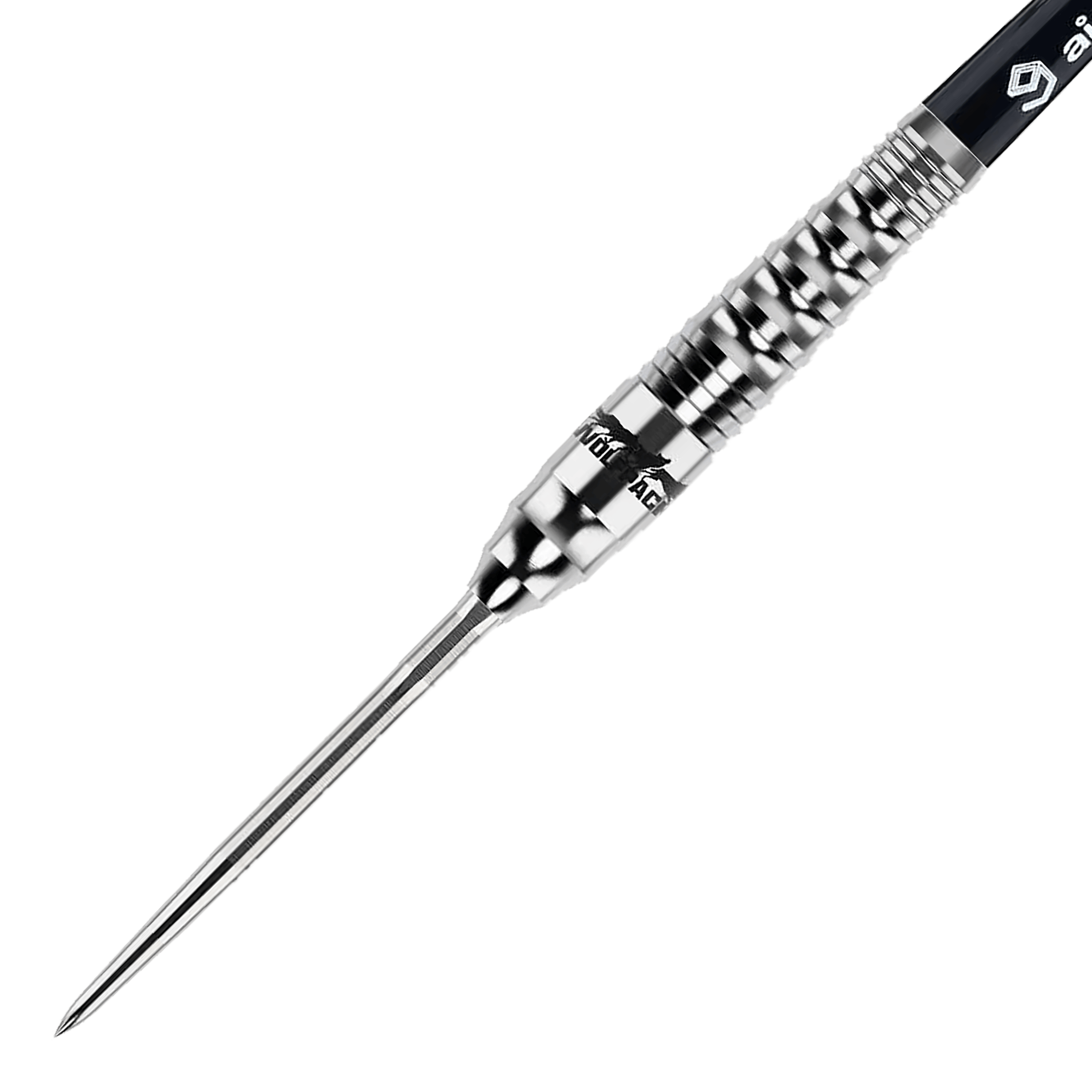 Caliburn Wolfpack W3 Steeldarts - 21 g Das Bild zeigt einen Caliburn Wolfpack W3 Steeldart mit einem Gewicht von 21 Gramm. Der Dartpfeil ist silberfarben und hat eine strukturierte Griffzone für besseren Halt.